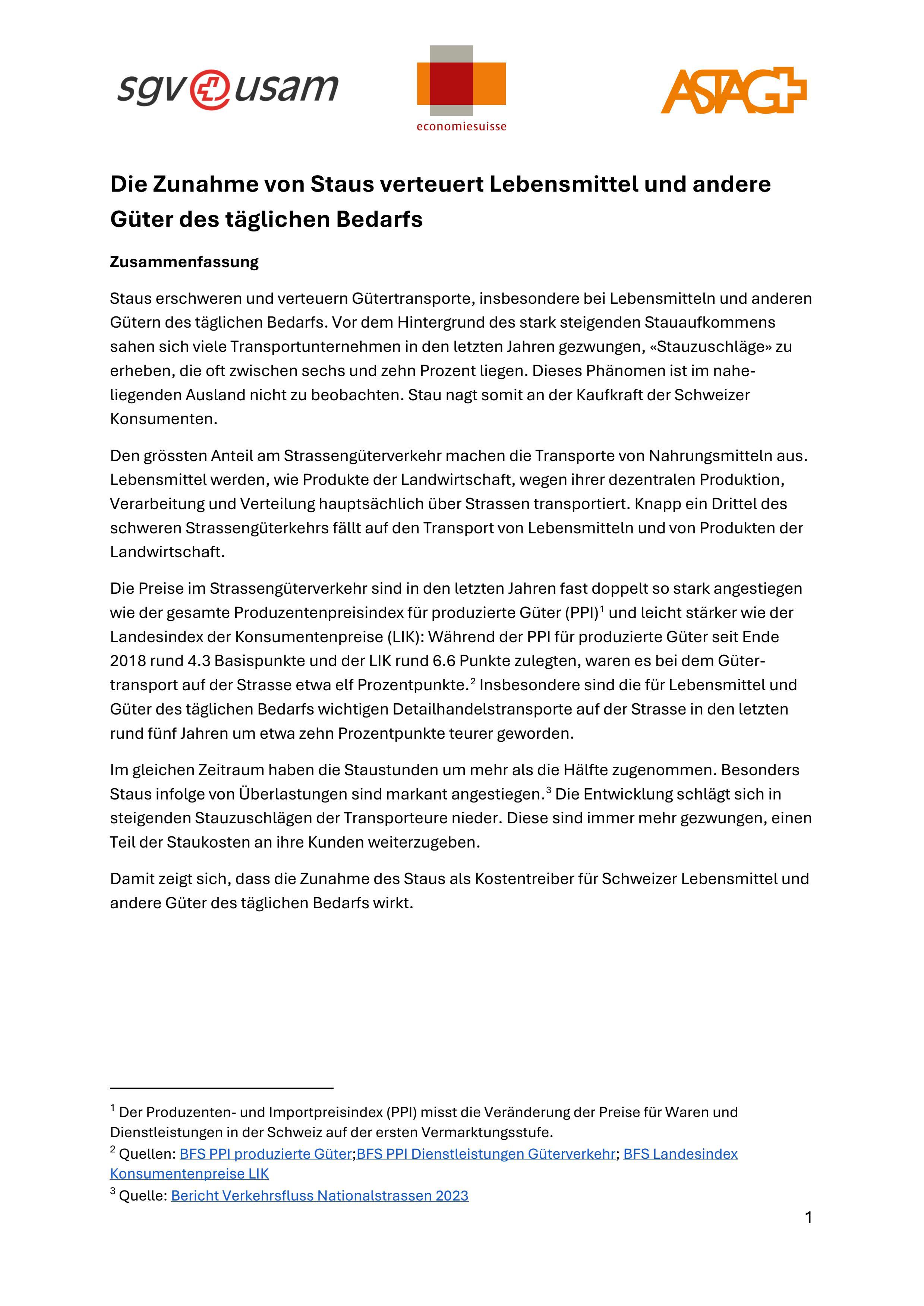  Analisi «L'aumento degli ingorghi stradali fa aumentare il prezzo dei generi alimentari e di altri beni di uso quotidiano» (PDF,  tedesco)