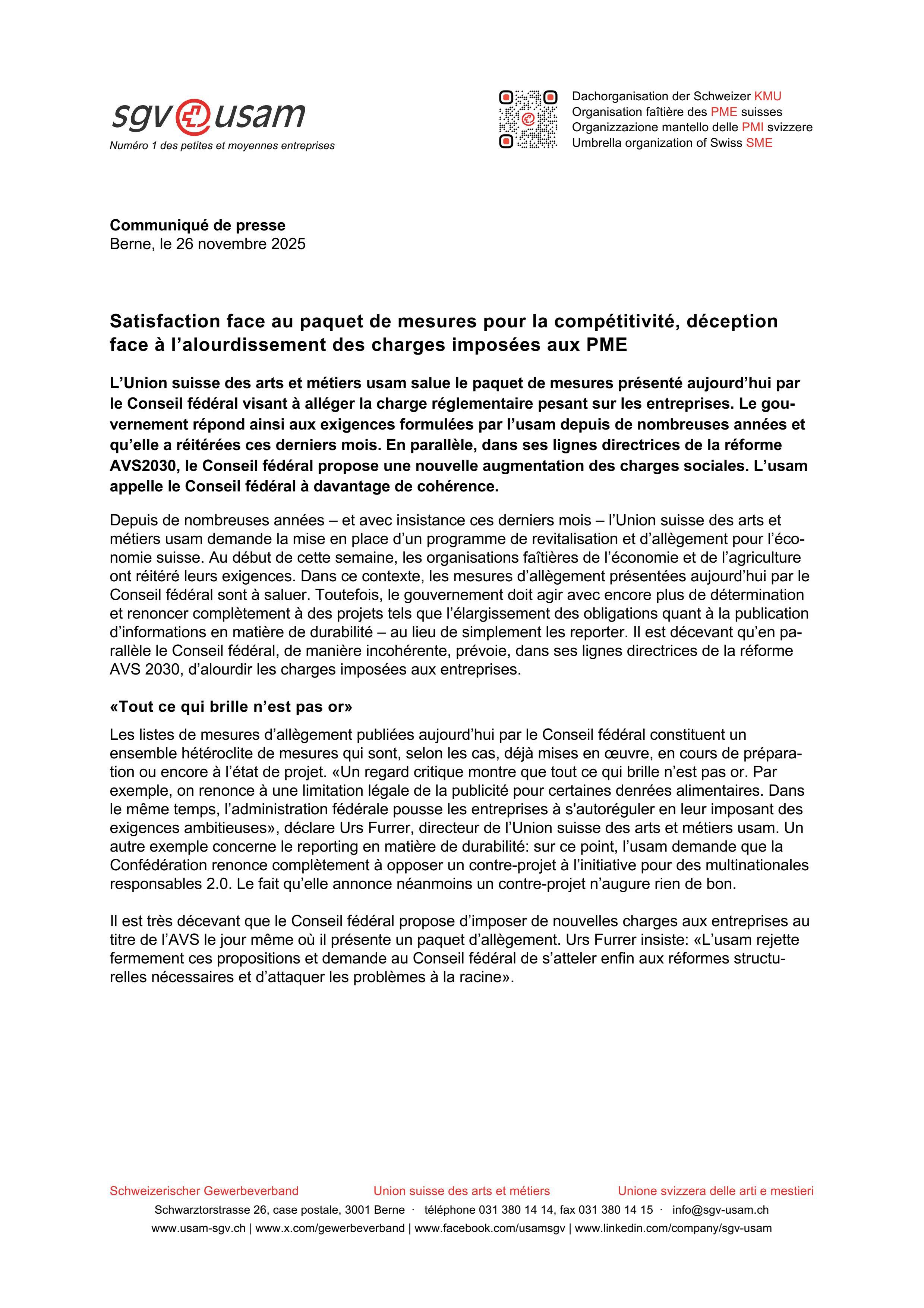 Satisfaction face au paquet de mesures pour la compétitivité, déception face à l’alourdissement des charges imposées aux PME