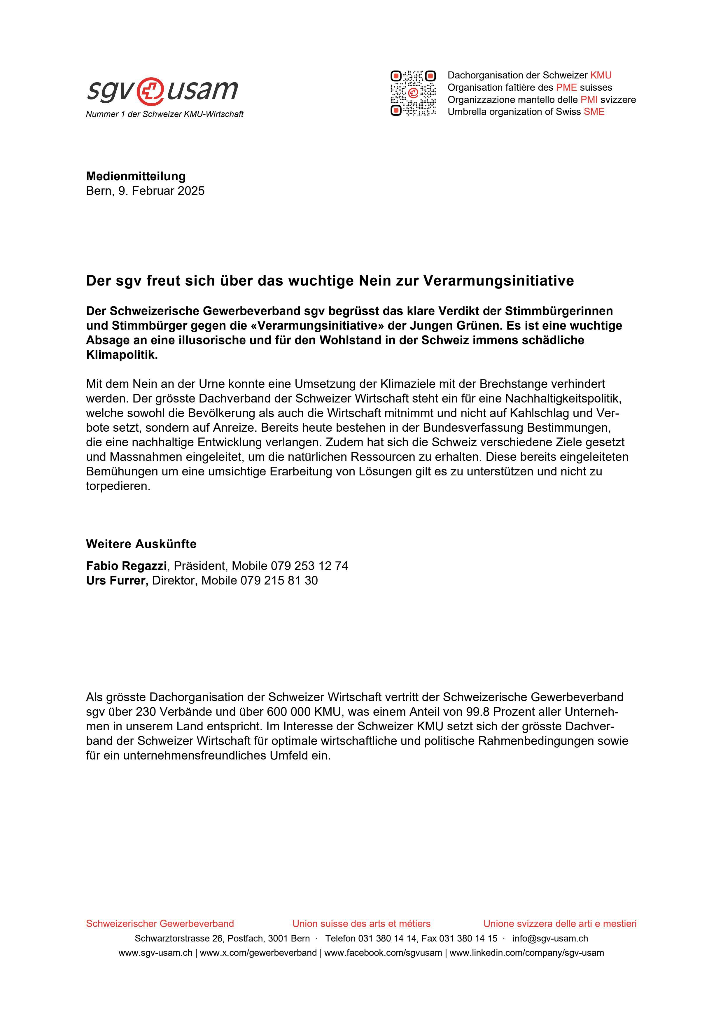 Der sgv freut sich über das wuchtige Nein zur Verarmungsinitiative