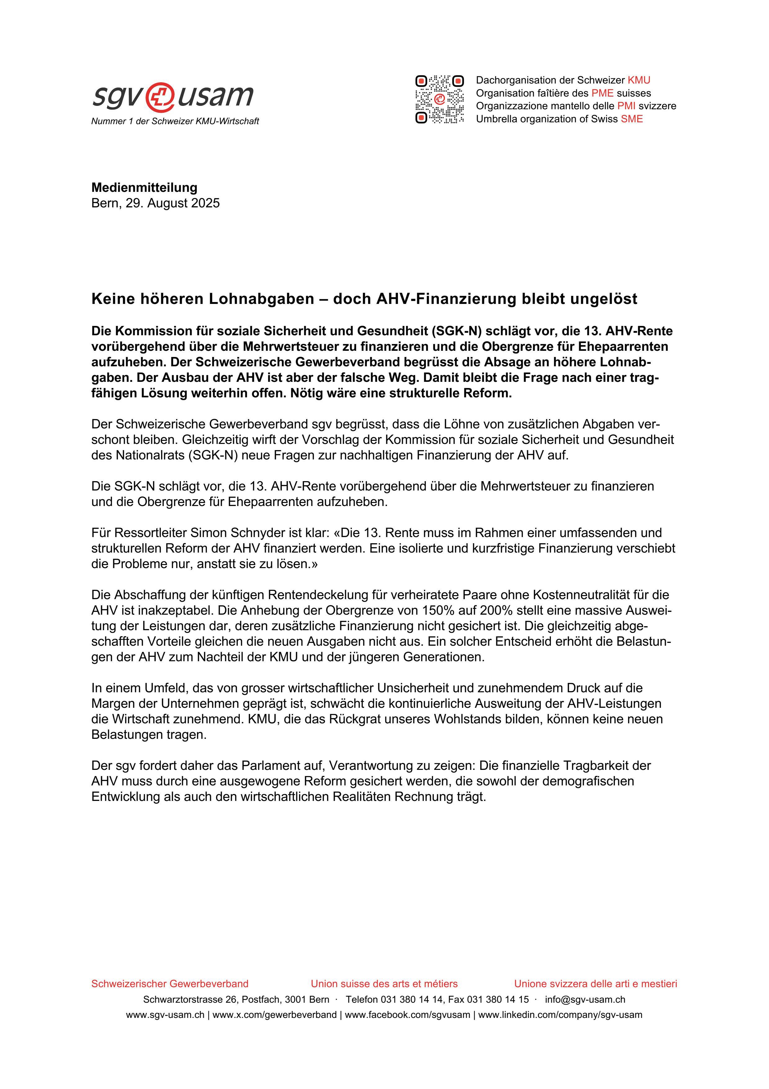 Keine höheren Lohnabgaben – doch AHV-Finanzierung bleibt ungelöst