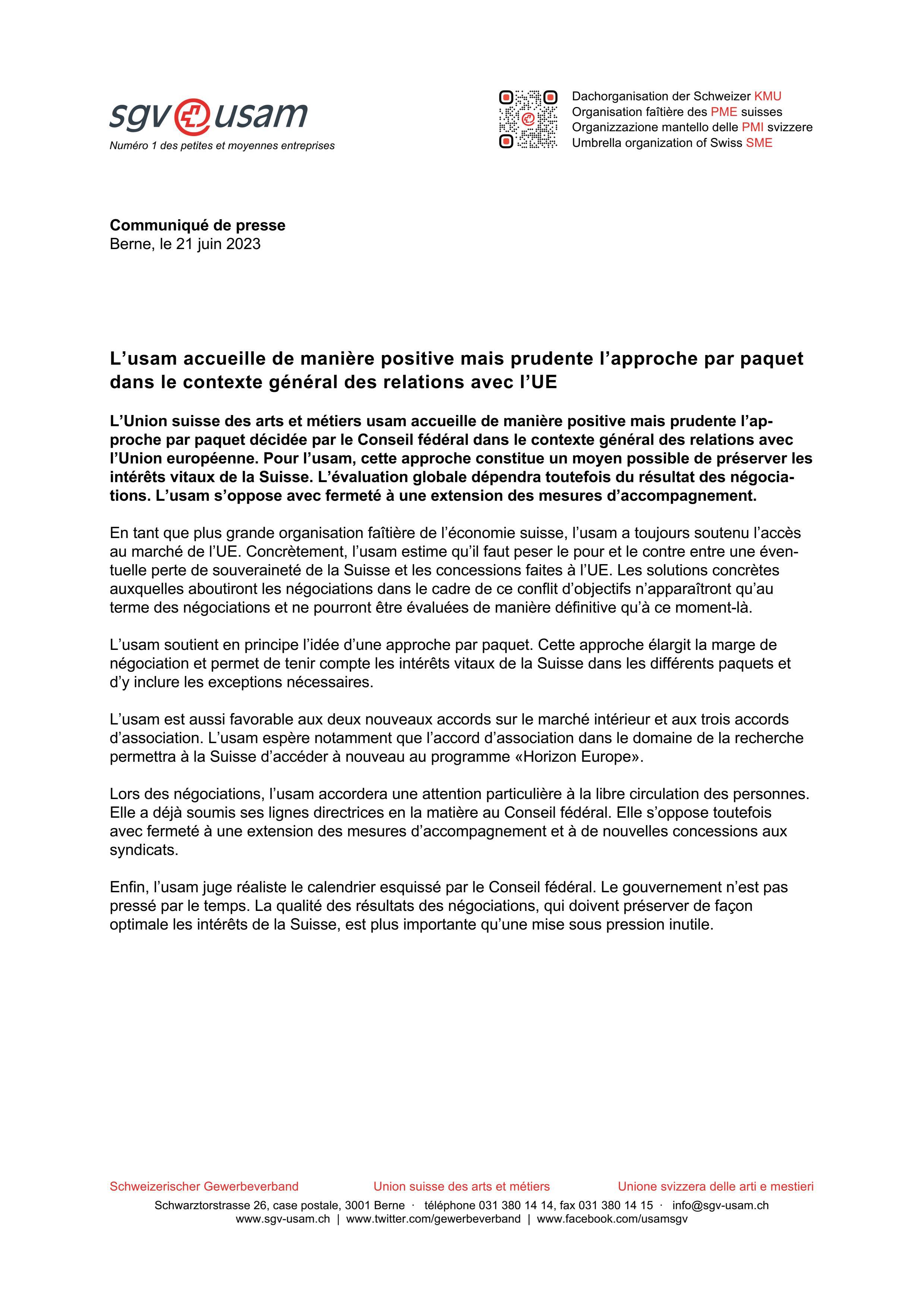 L’usam accueille de manière positive mais prudente l’approche par paquet dans le contexte général des relations avec l’UE