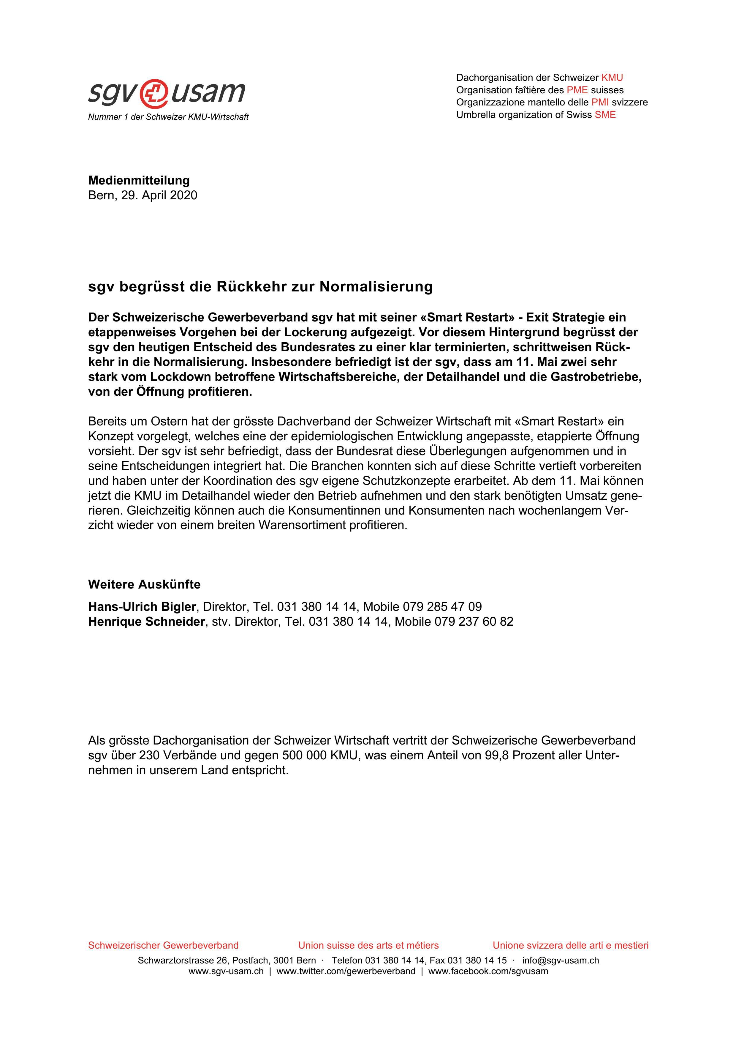sgv begrüsst die Rückkehr zur Normalisierung