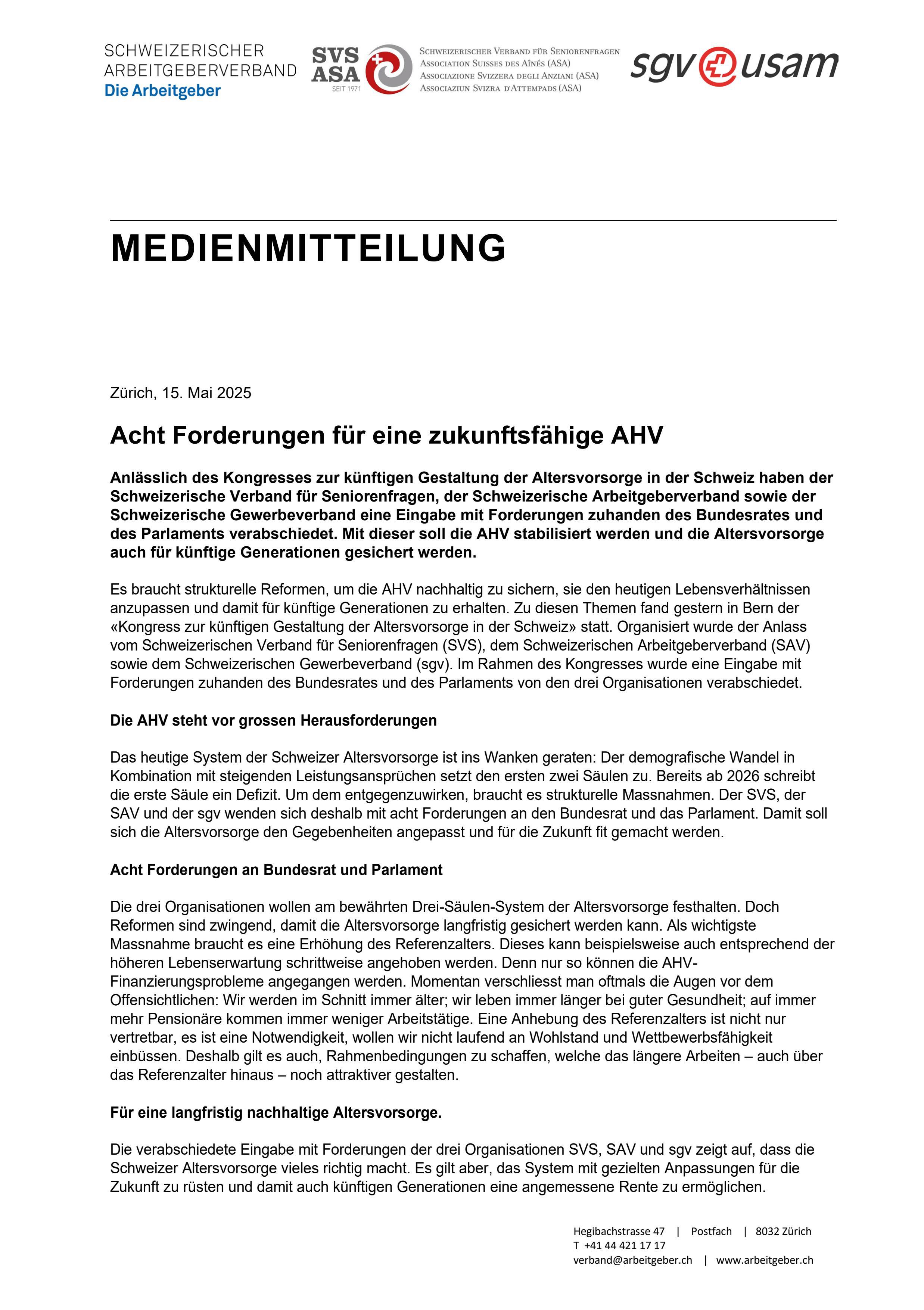 Acht Forderungen für eine zukunftsfähige AHV