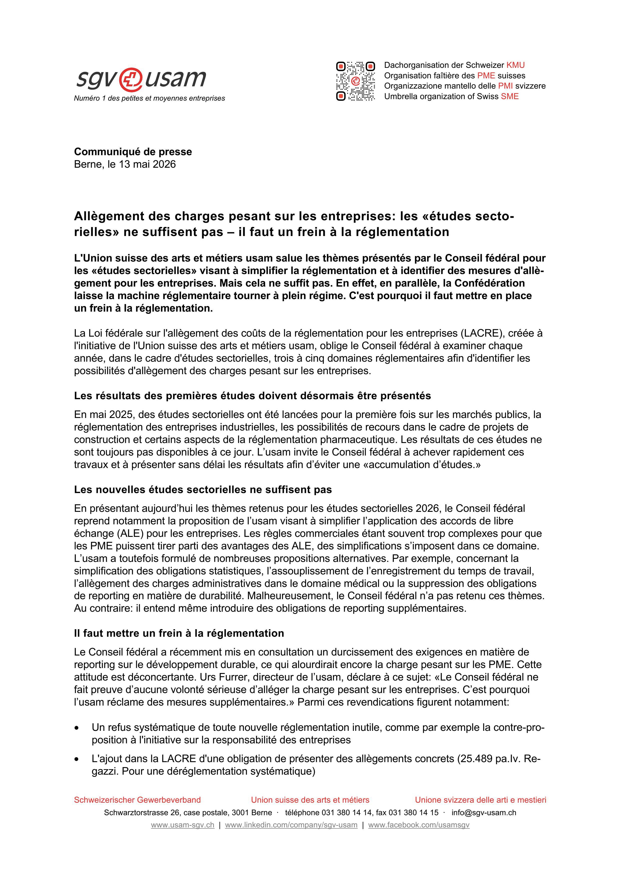 Allègement des charges pesant sur les entreprises: les «études sectorielles» ne suffisent pas – il faut un frein à la réglementation