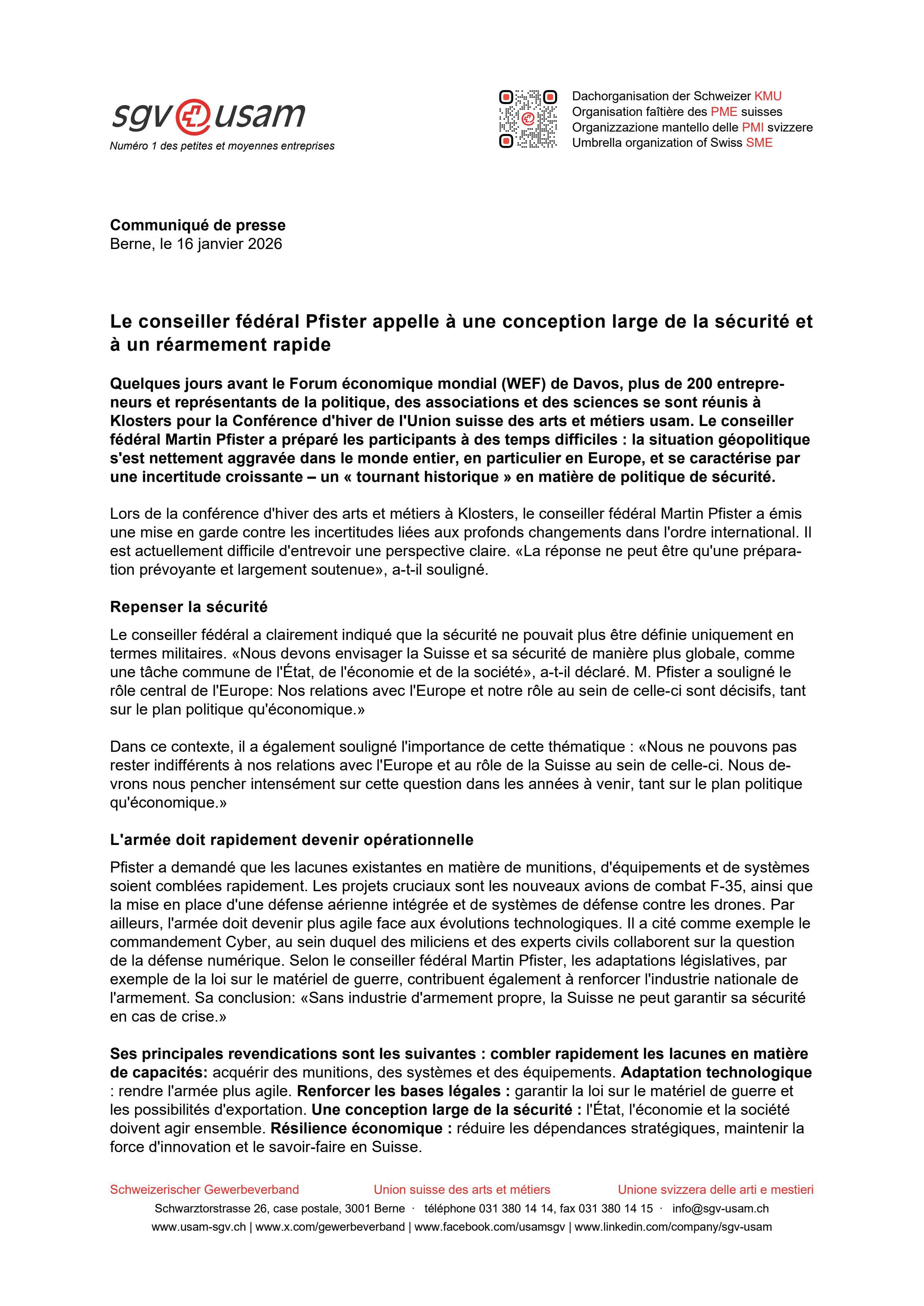 Le conseiller fédéral Pfister appelle à une conception large de la sécurité et à un réarmement rapide