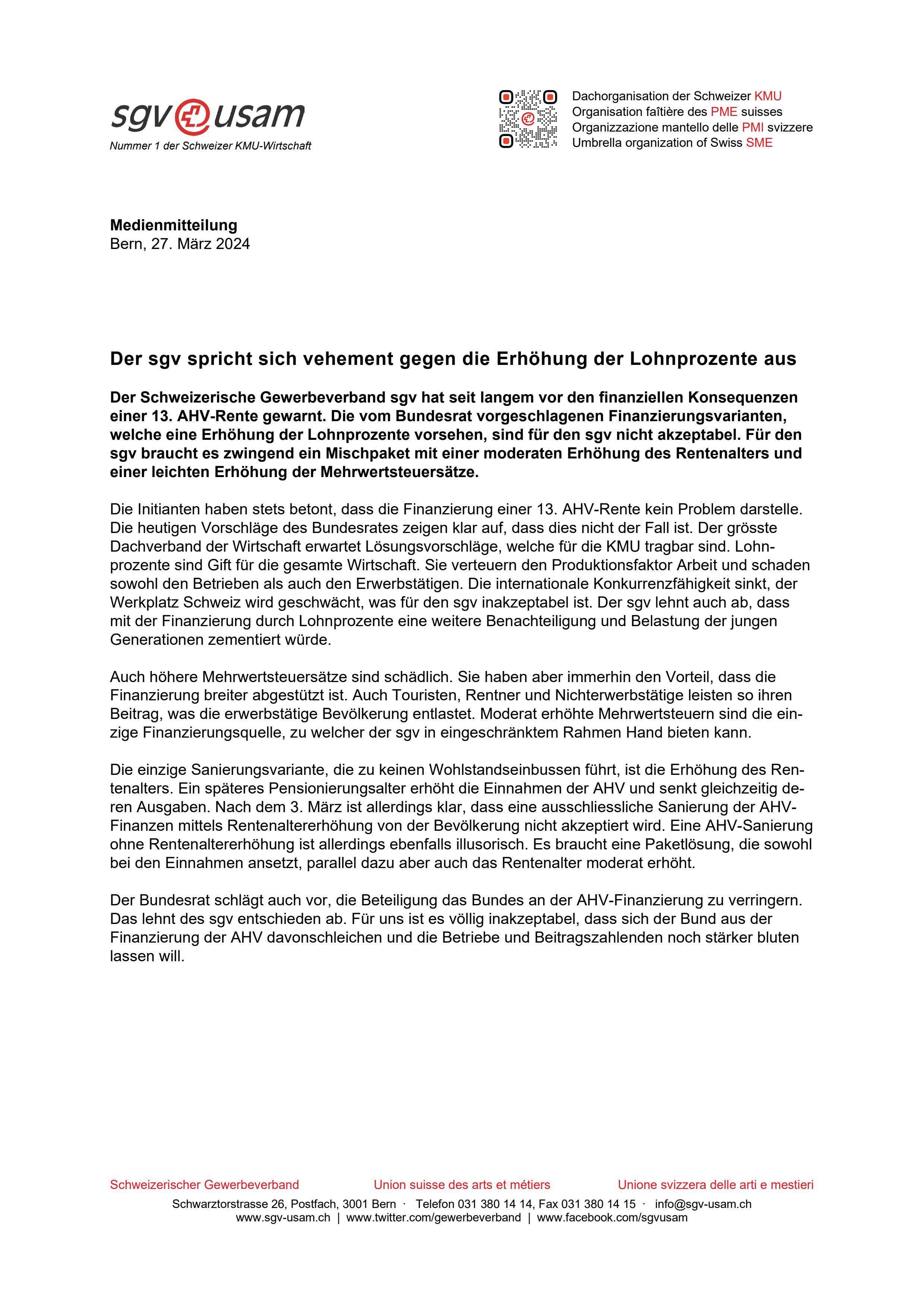 Der sgv spricht sich vehement gegen die Erhöhung der Lohnprozente aus