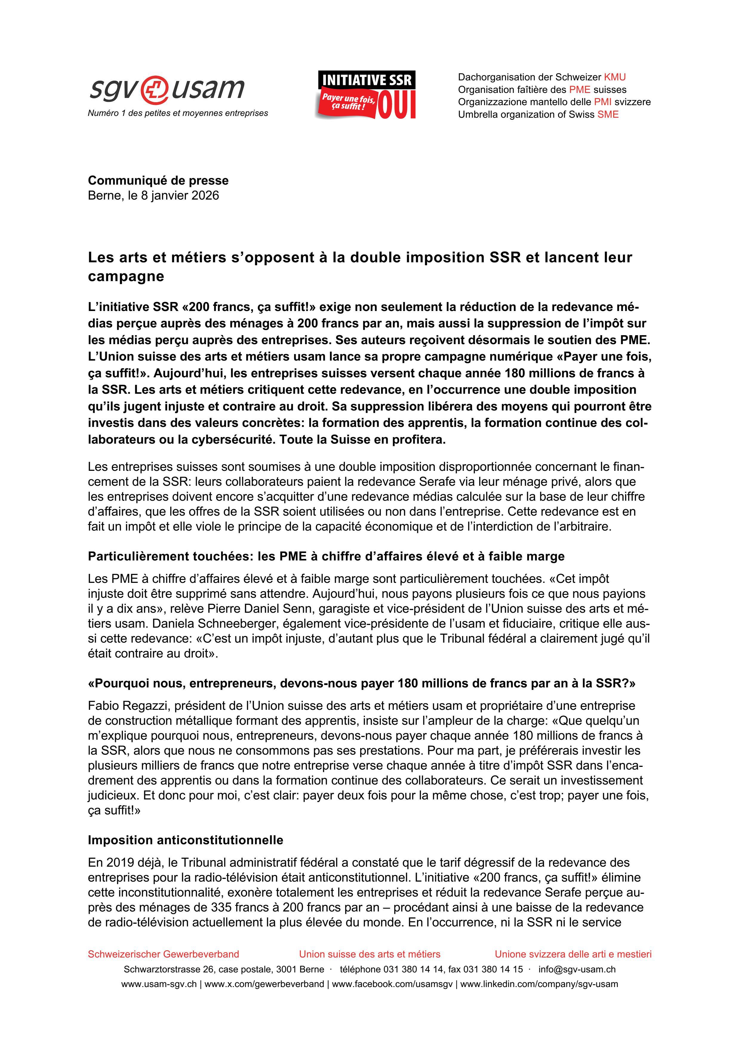 Les arts et métiers s’opposent à la double imposition SSR et lancent leur campagne