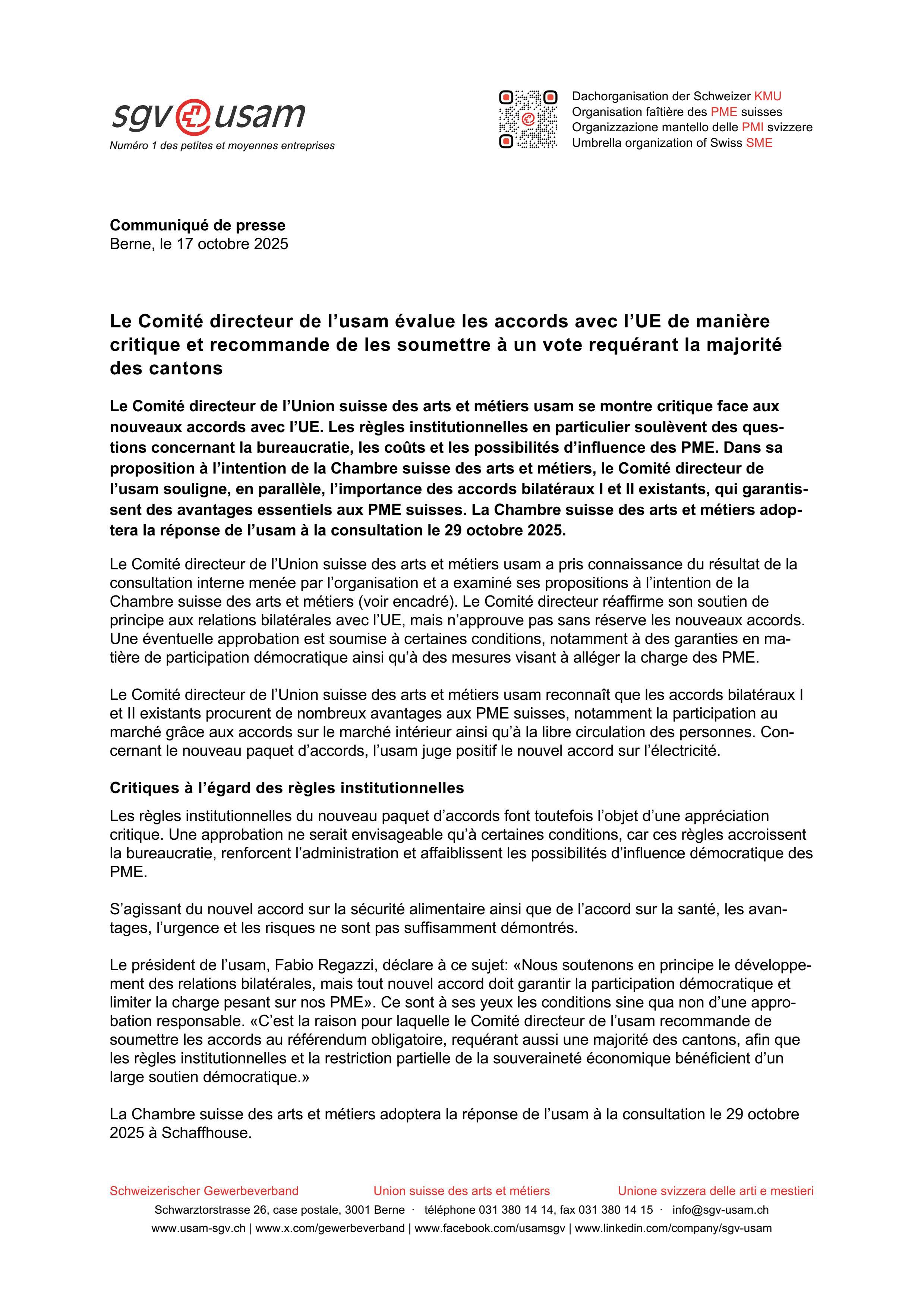 Le Comité directeur de l’usam évalue les accords avec l’UE de manière critique et recommande de les soumettre à un vote requérant la majorité des cantons