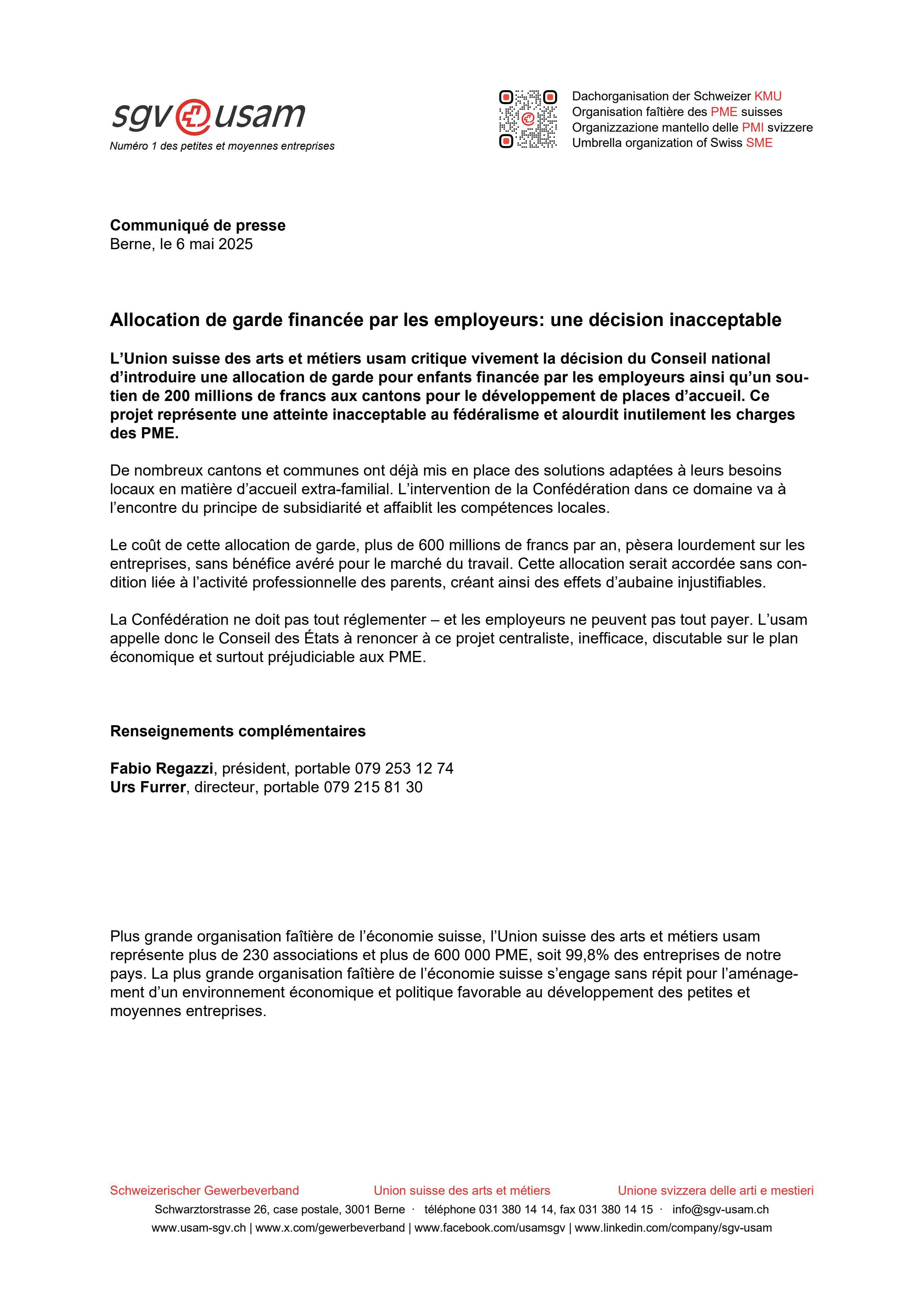 Allocation de garde financée par les employeurs: une décision inacceptable