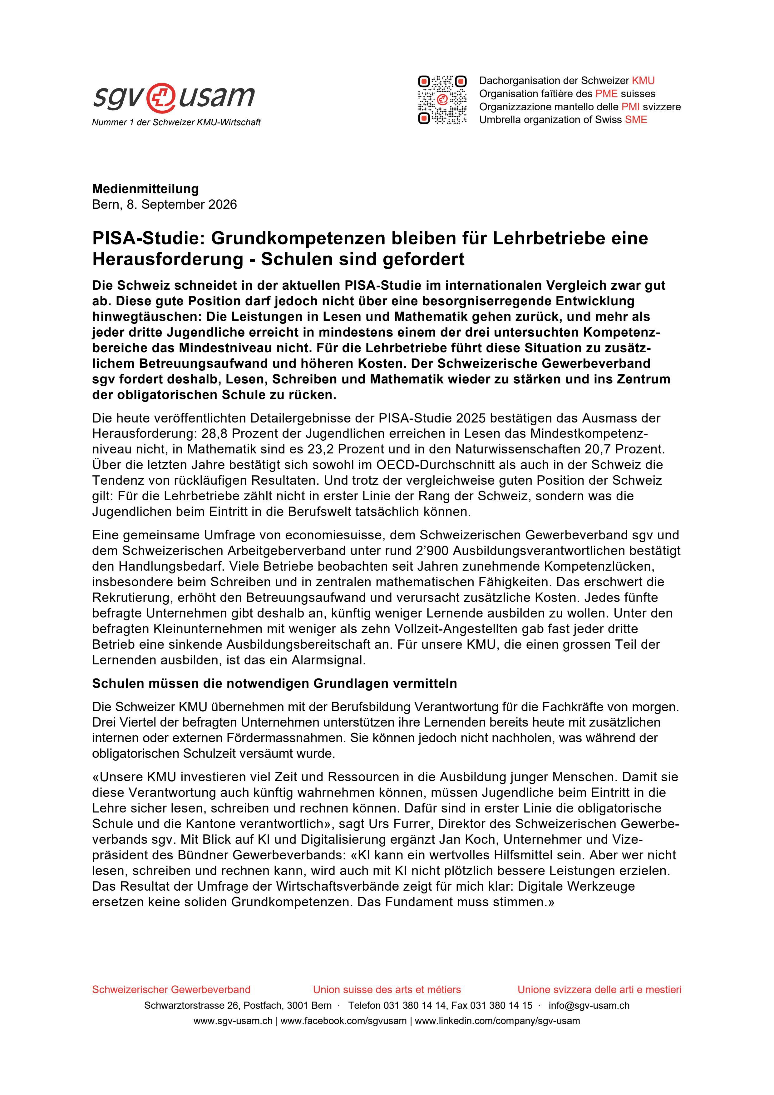 PISA-Studie: Grundkompetenzen bleiben für Lehrbetriebe eine Herausforderung - Schulen sind gefordert