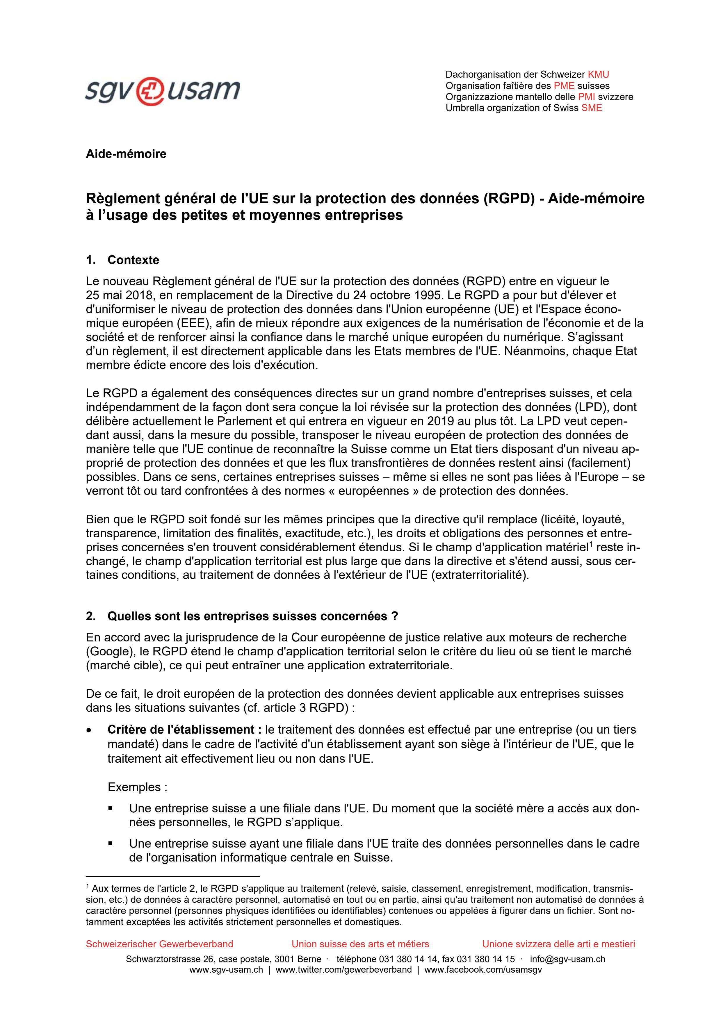  Aide-mémoire «Règlement général sur la protection des données UE»