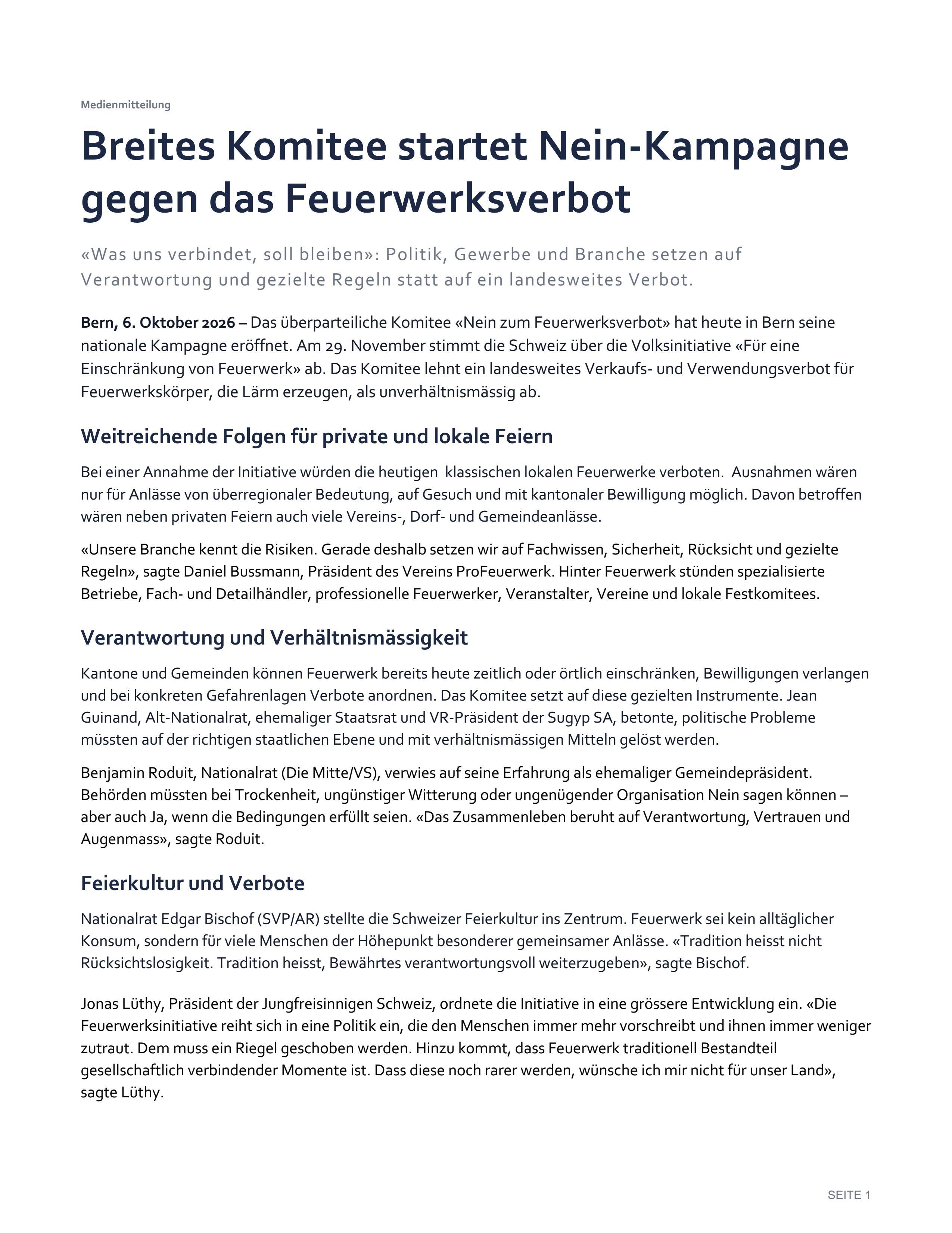 Breites Komitee startet Nein-Kampagne gegen das Feuerwerksverbot
