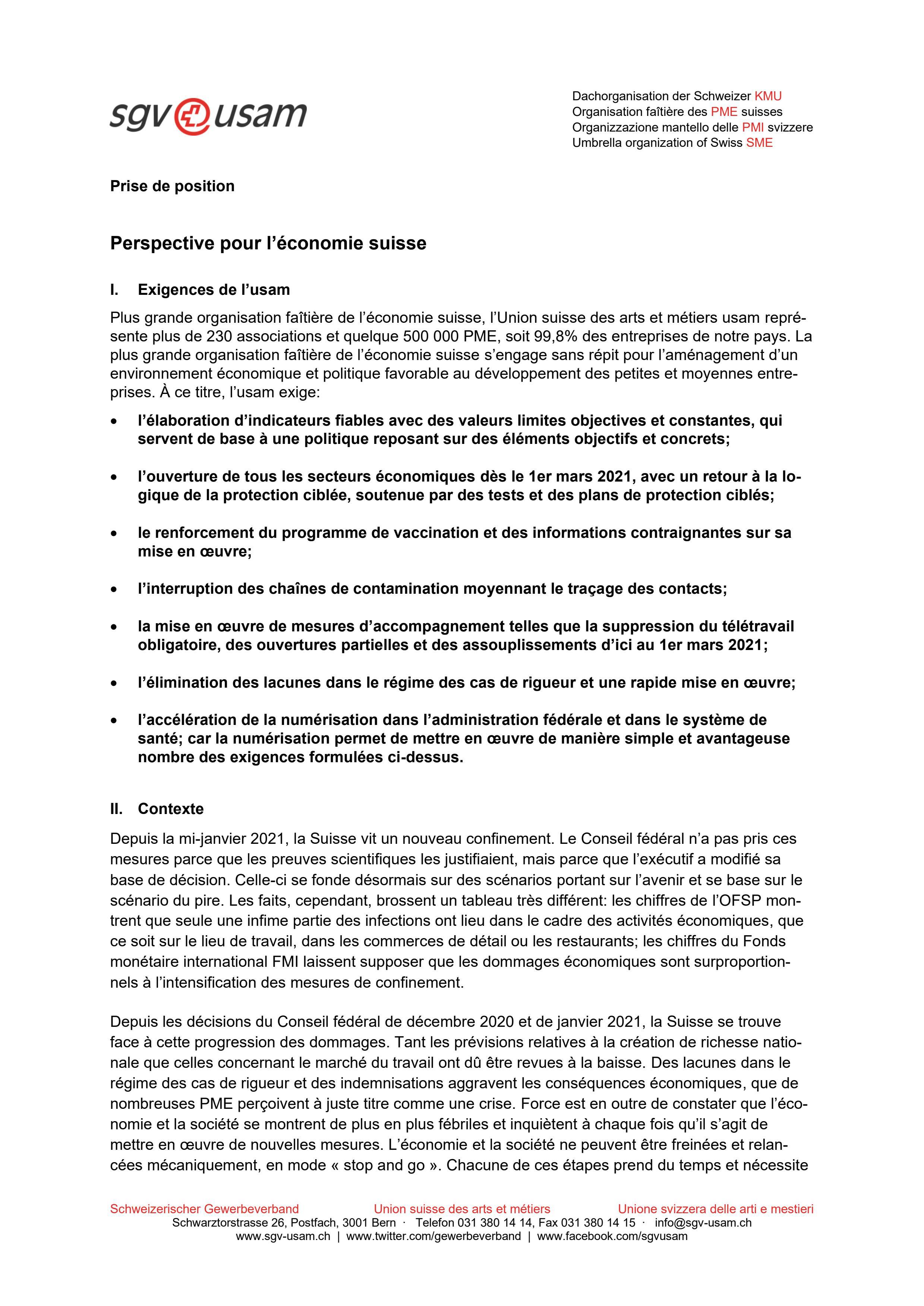  Prise de position «Perspective pour l’économie suisse»