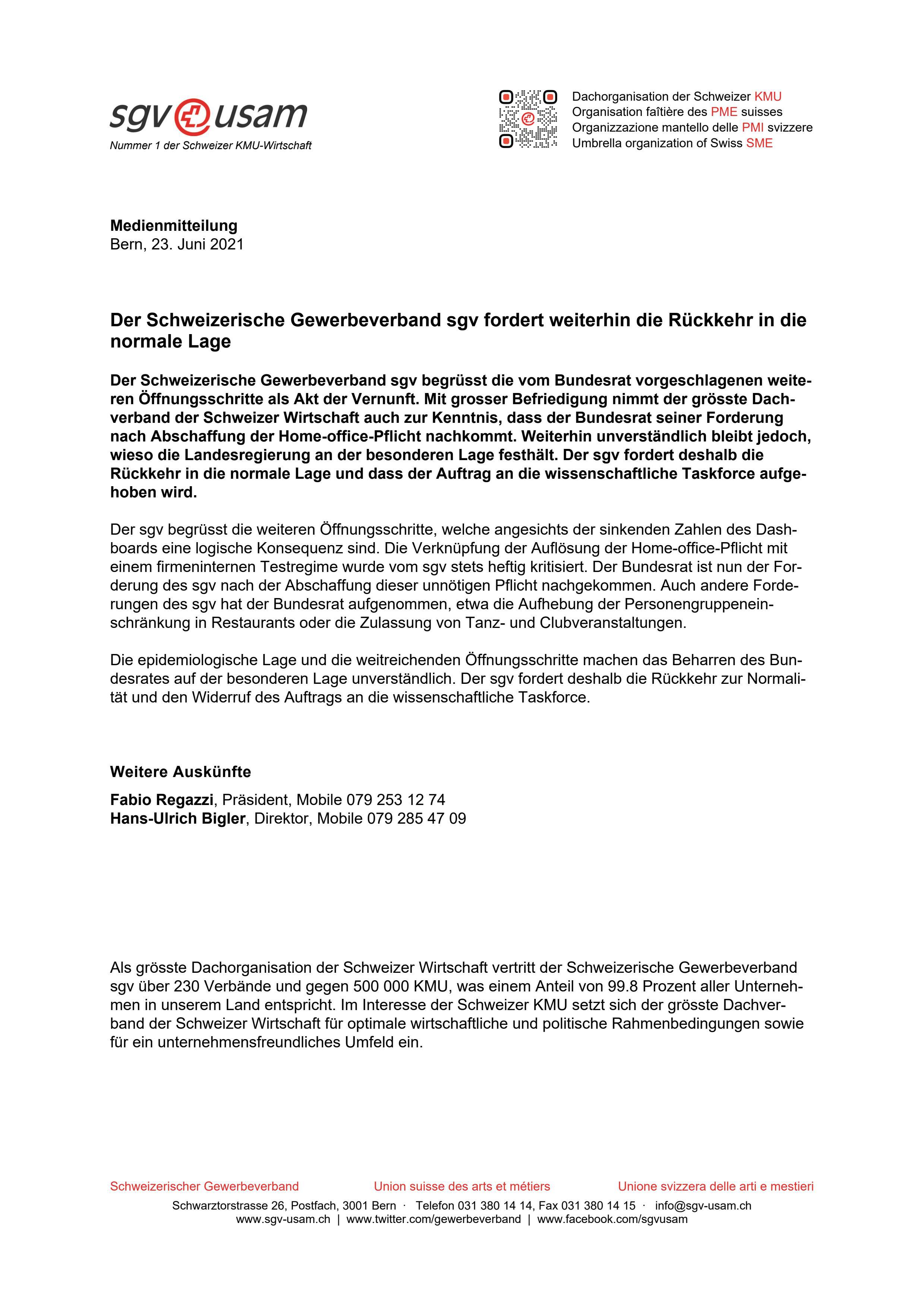 Der Schweizerische Gewerbeverband sgv fordert weiterhin die Rückkehr in die normale Lage