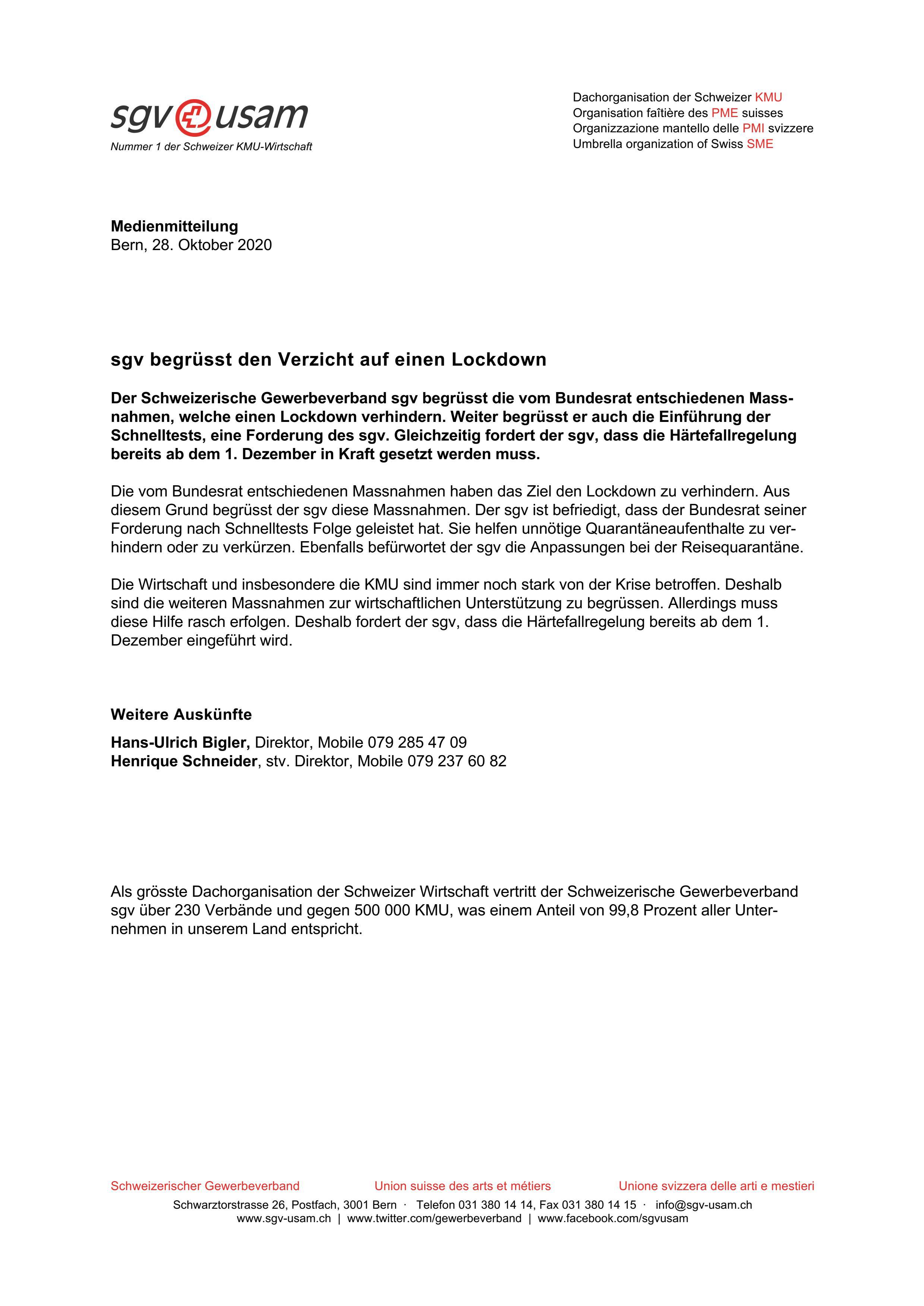 sgv begrüsst den Verzicht auf einen Lockdown