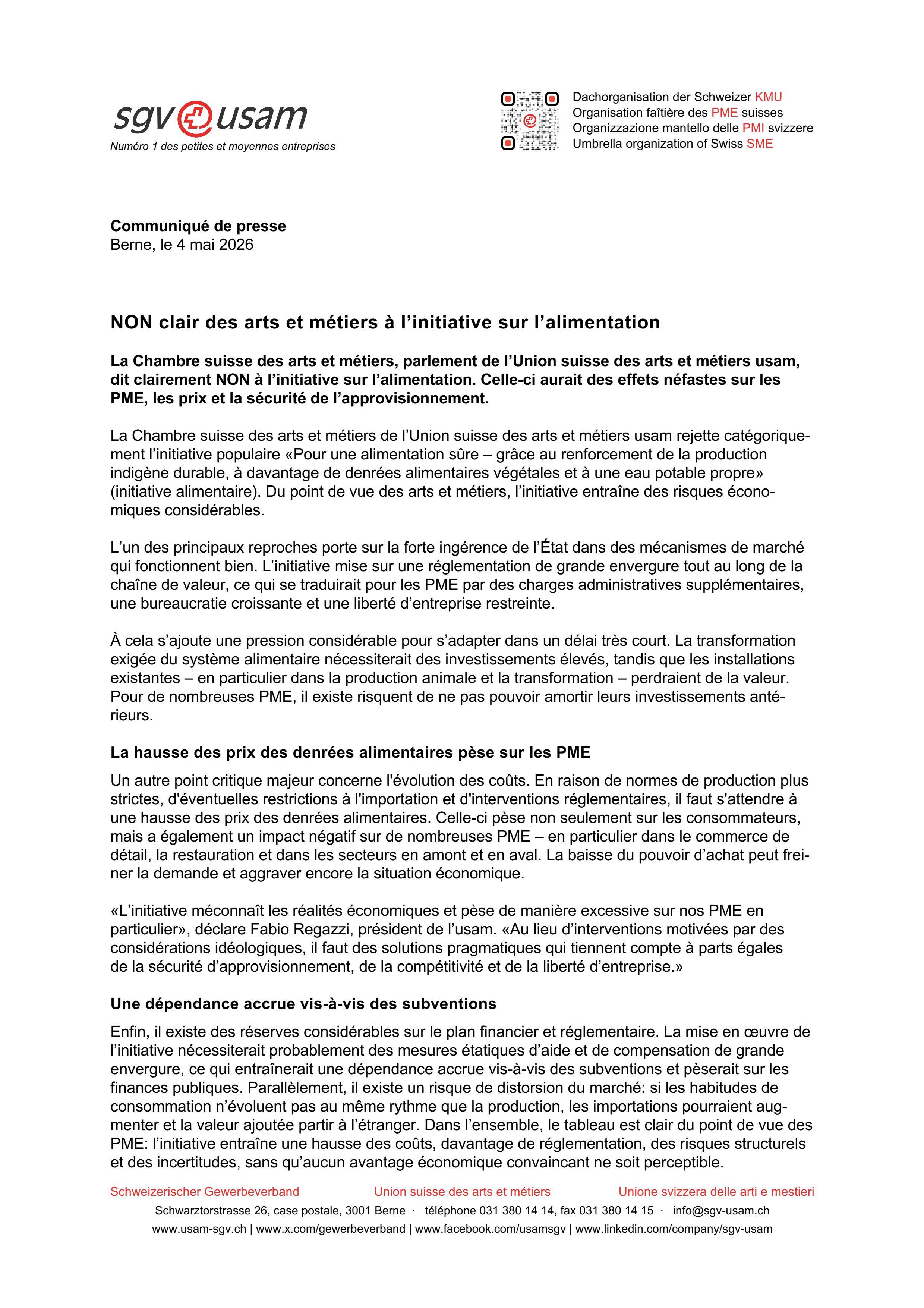 NON clair des arts et métiers à l’initiative sur l’alimentation