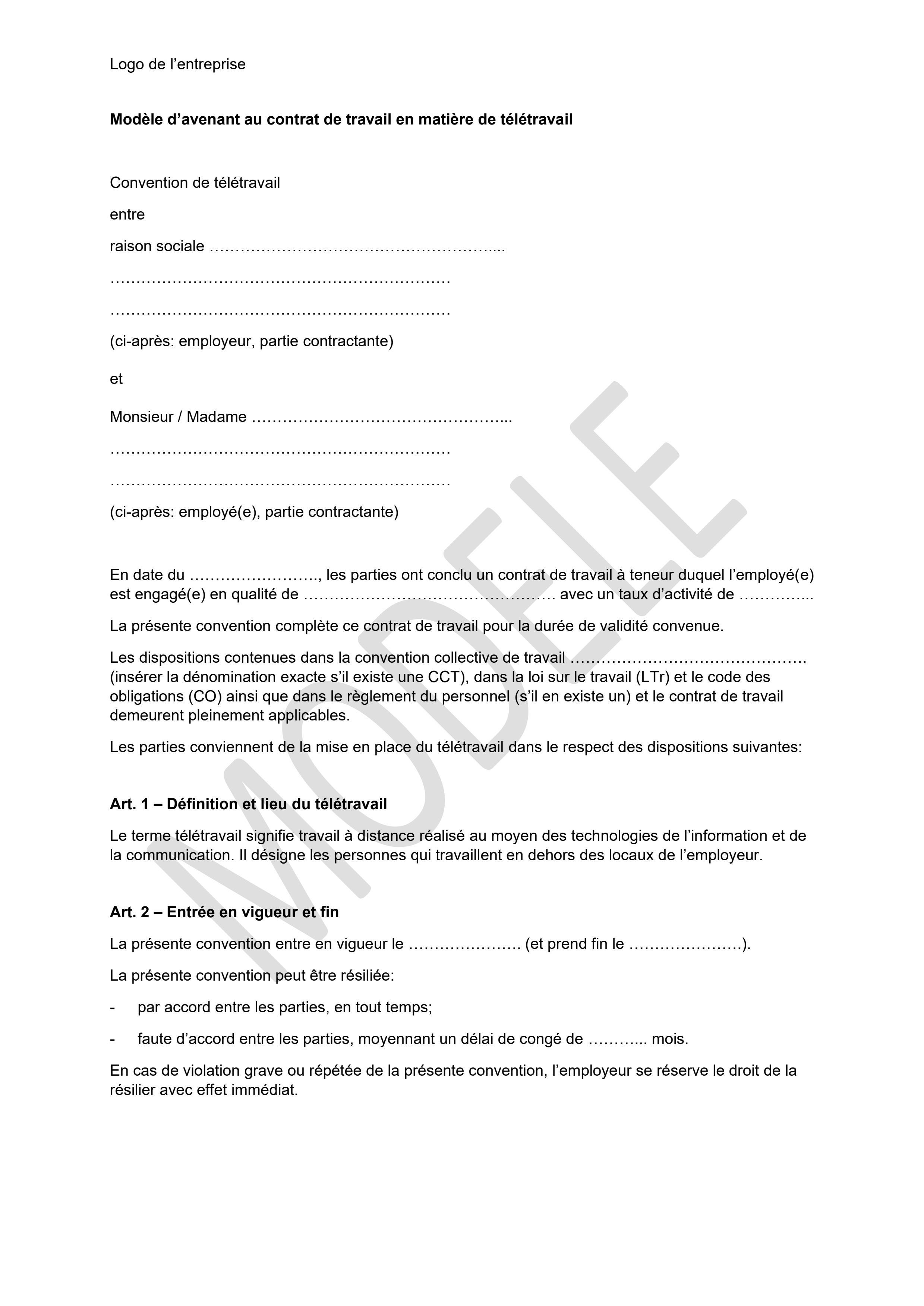  Modèle d’avenant au contrat de travail en matière de télétravail