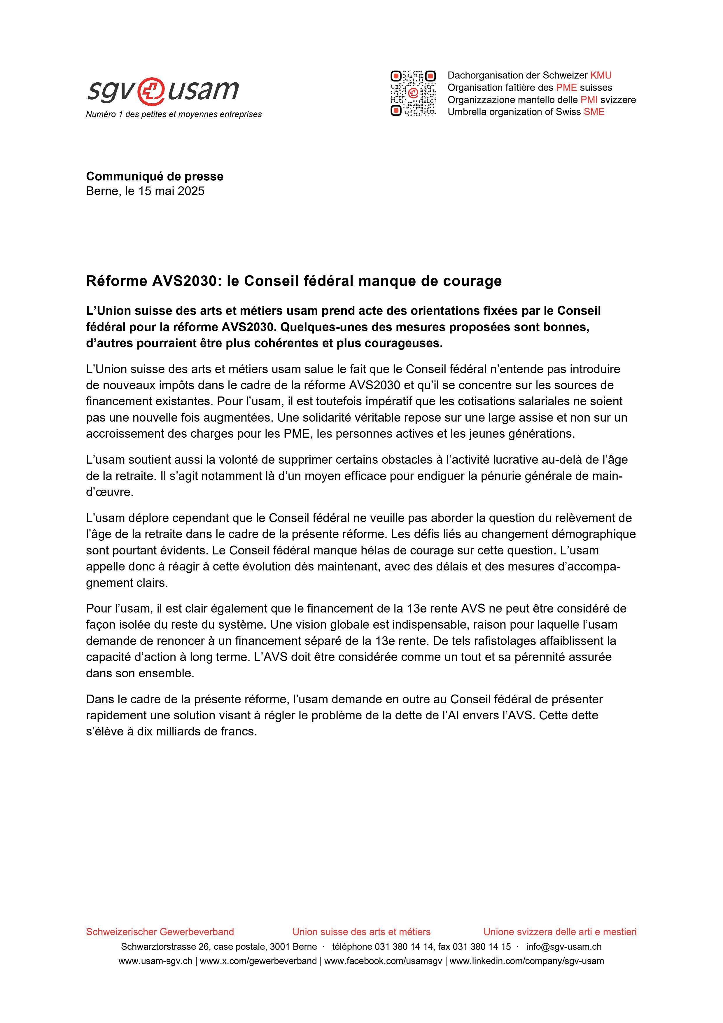 Réforme AVS2030: le Conseil fédéral manque de courage