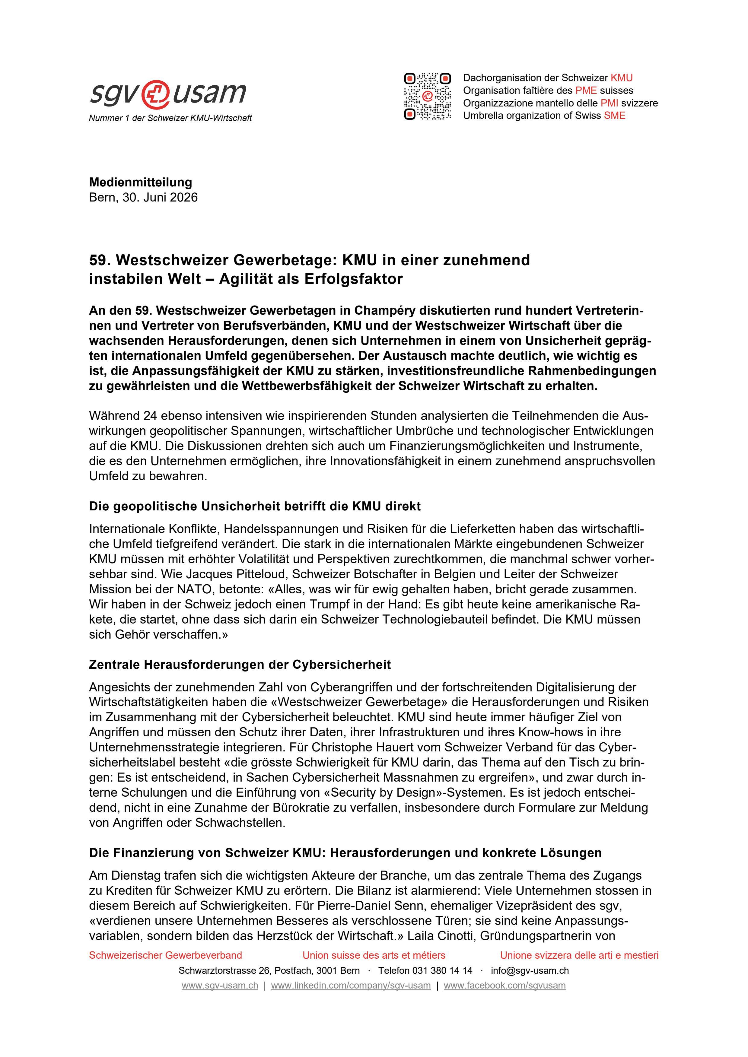 59. Westschweizer Gewerbetage: KMU in einer zunehmend instabilen Welt – Agilität als Erfolgsfaktor