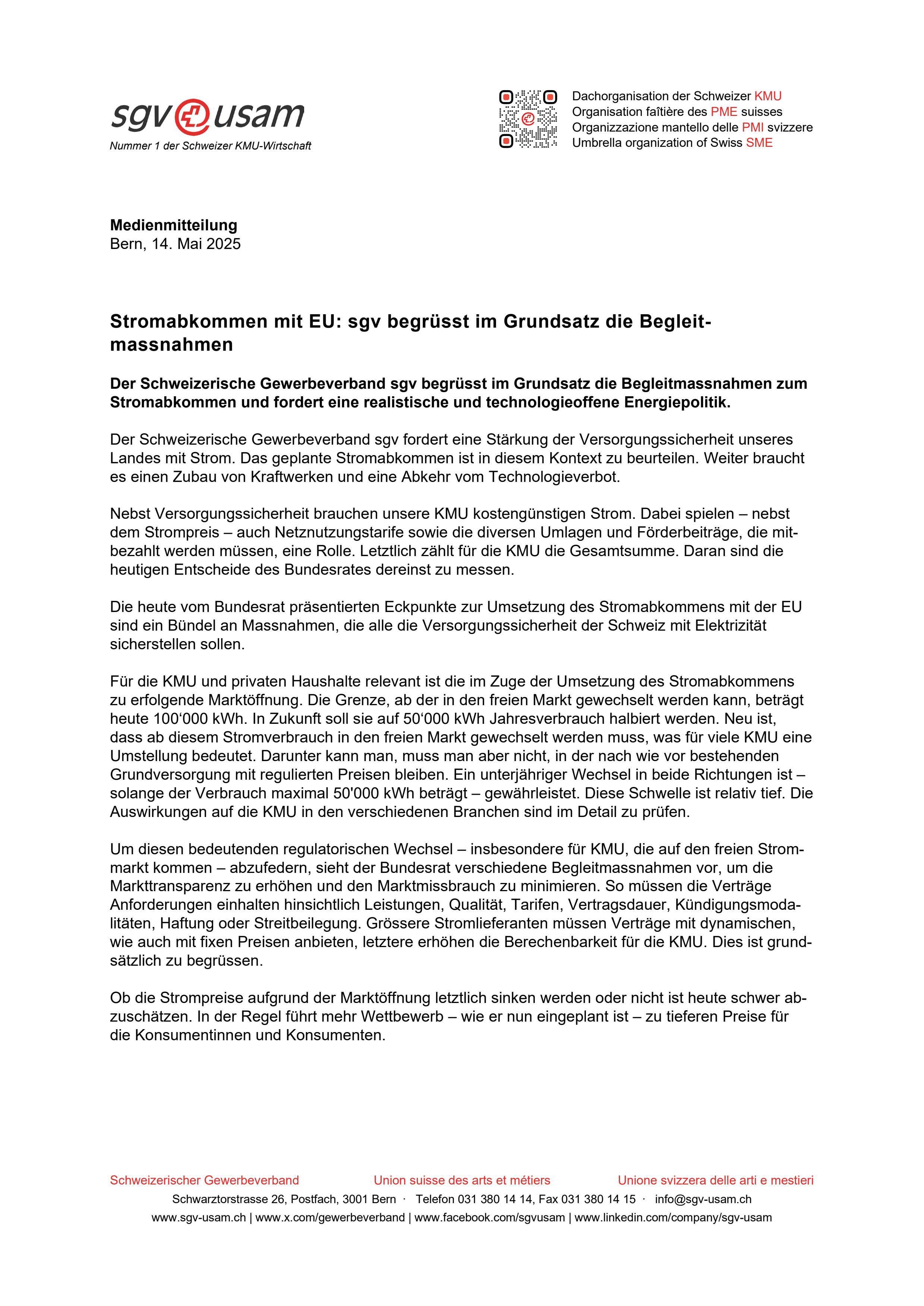 Stromabkommen mit EU: sgv begrüsst im Grundsatz die Begleitmassnahmen