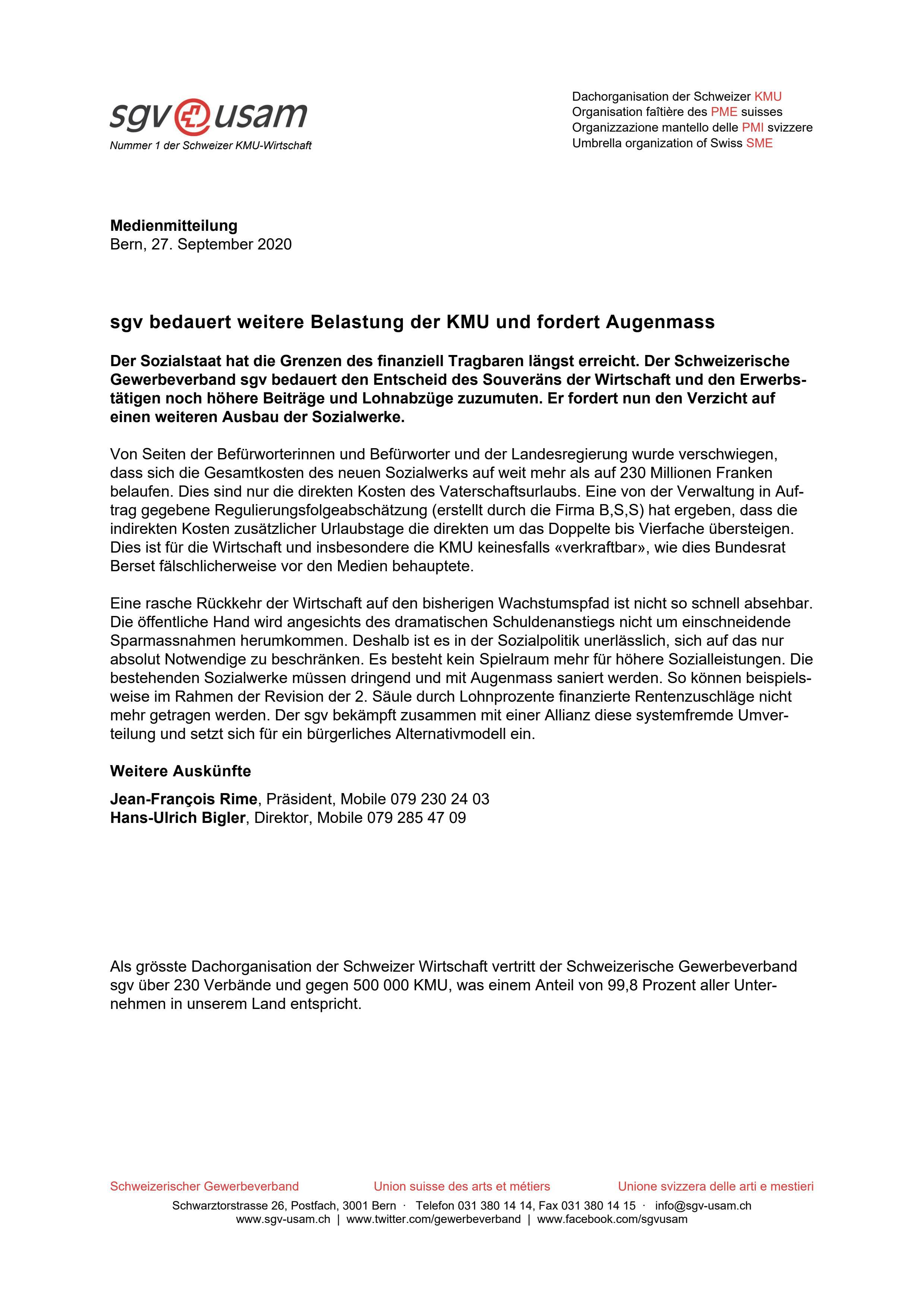 sgv bedauert weitere Belastung der KMU und fordert Augenmass