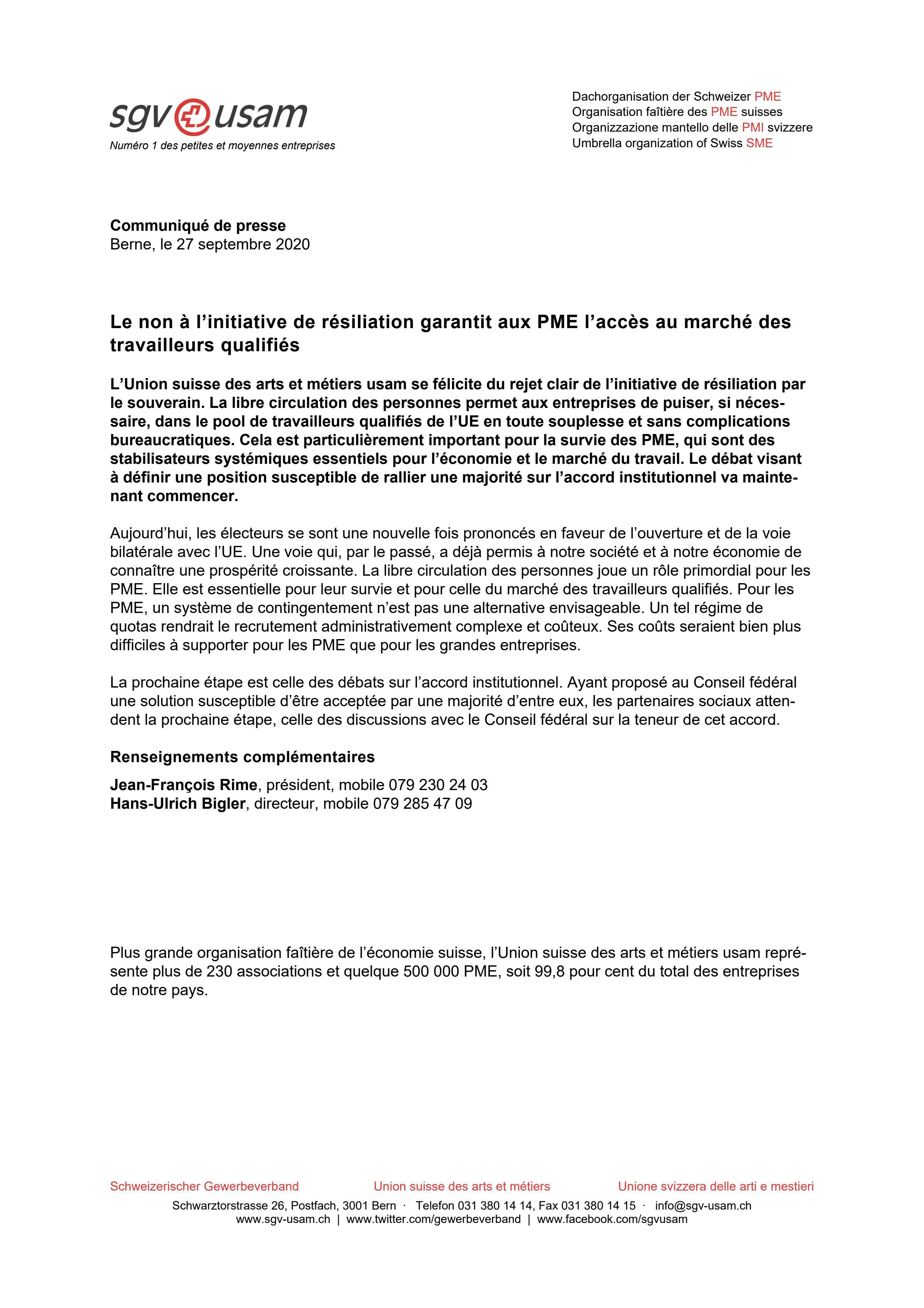 Le non à l’initiative de résiliation garantit aux PME l’accès au marché des travailleurs qualifiés