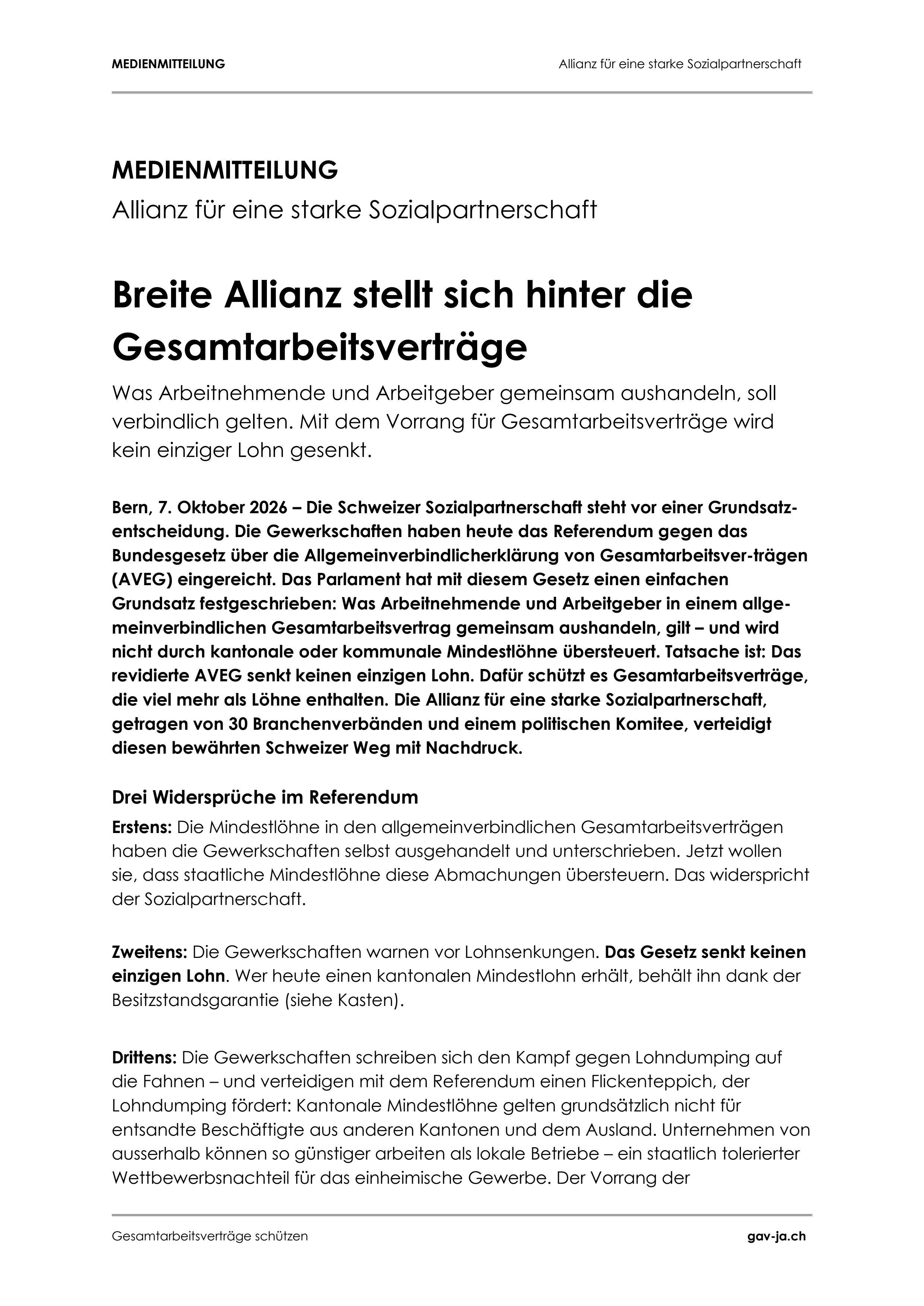 Breite Allianz stellt sich hinter die Gesamtarbeitsverträge