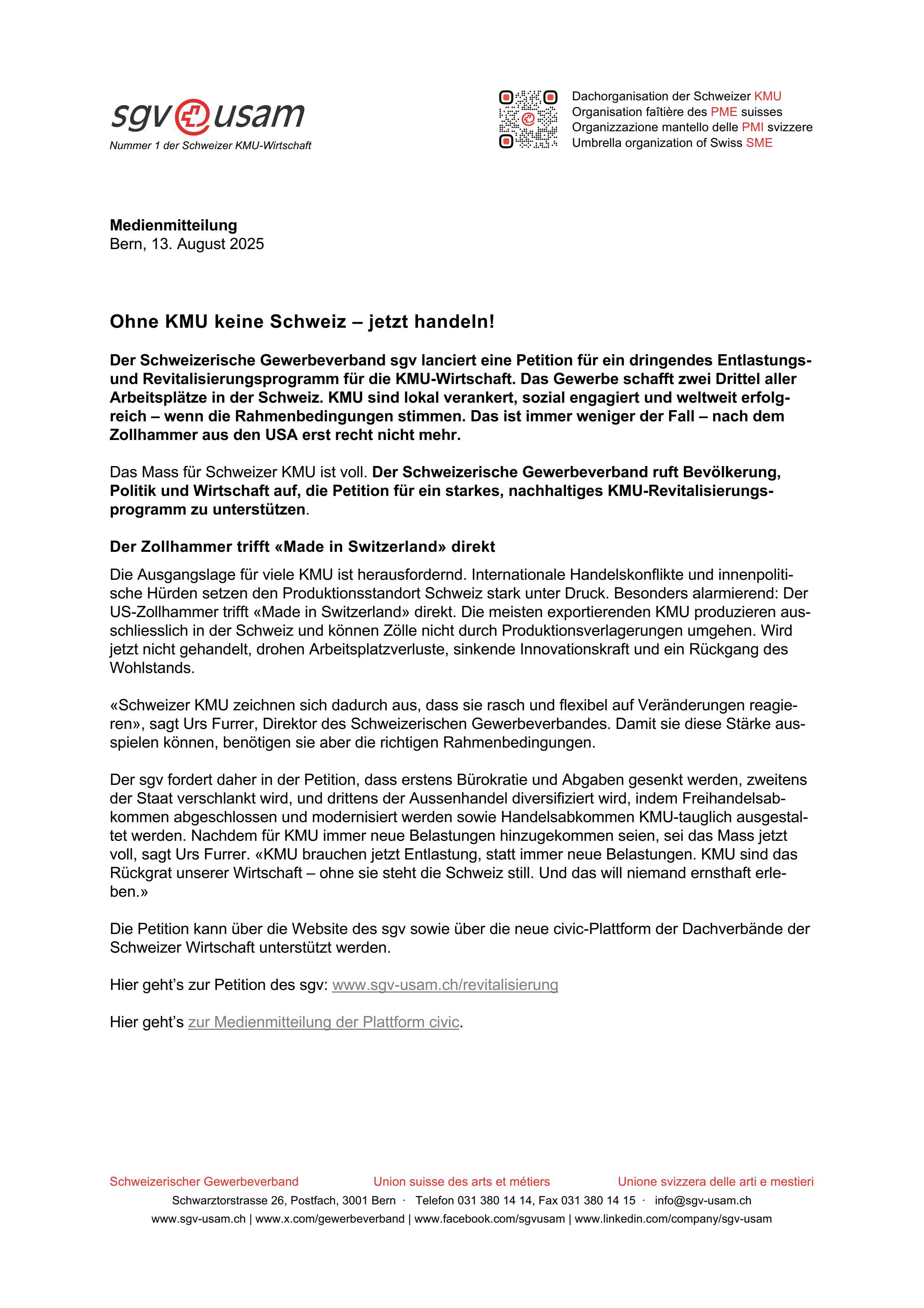 Ohne KMU keine Schweiz – jetzt handeln!