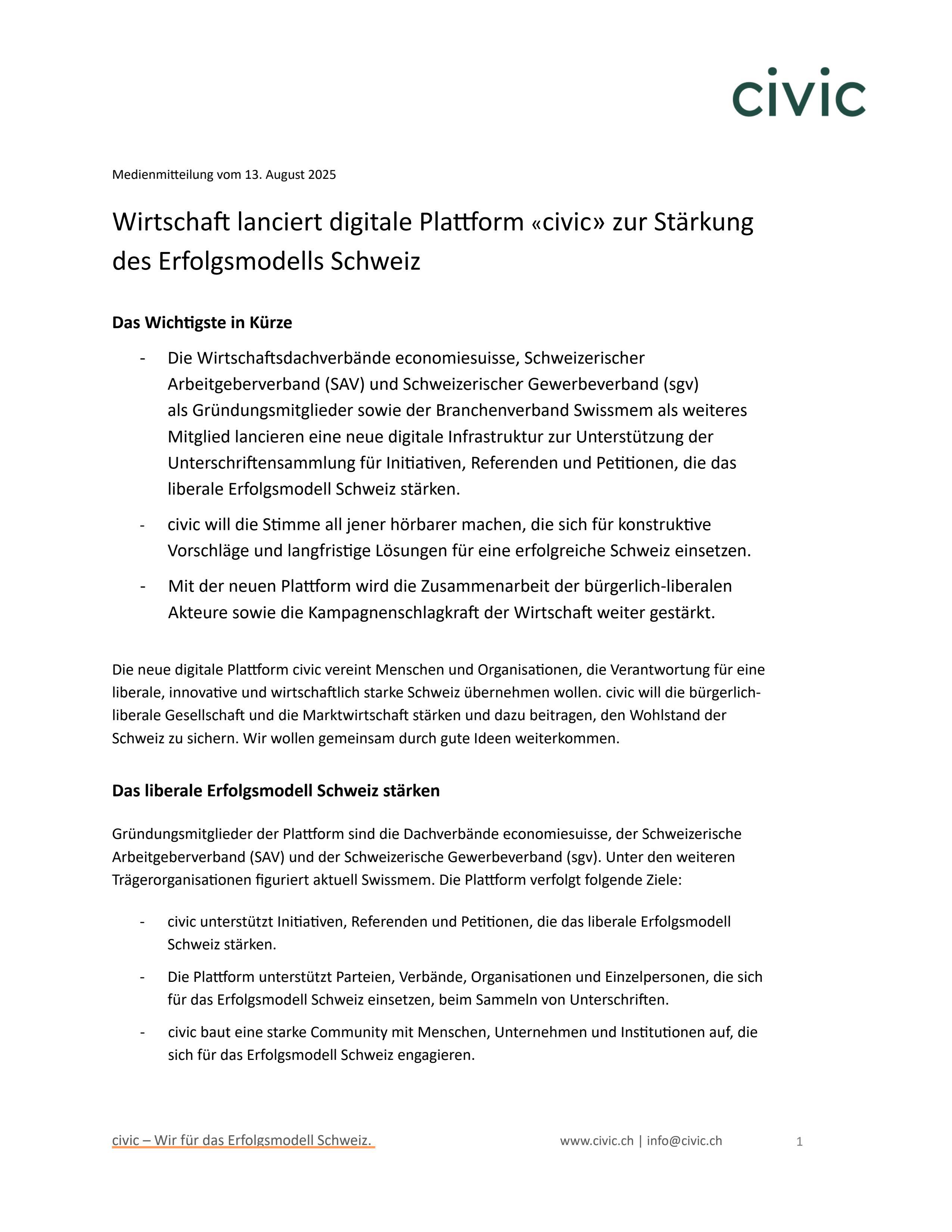 Wirtschaft lanciert digitale Plattform «civic» zur Stärkung des Erfolgsmodells Schweiz