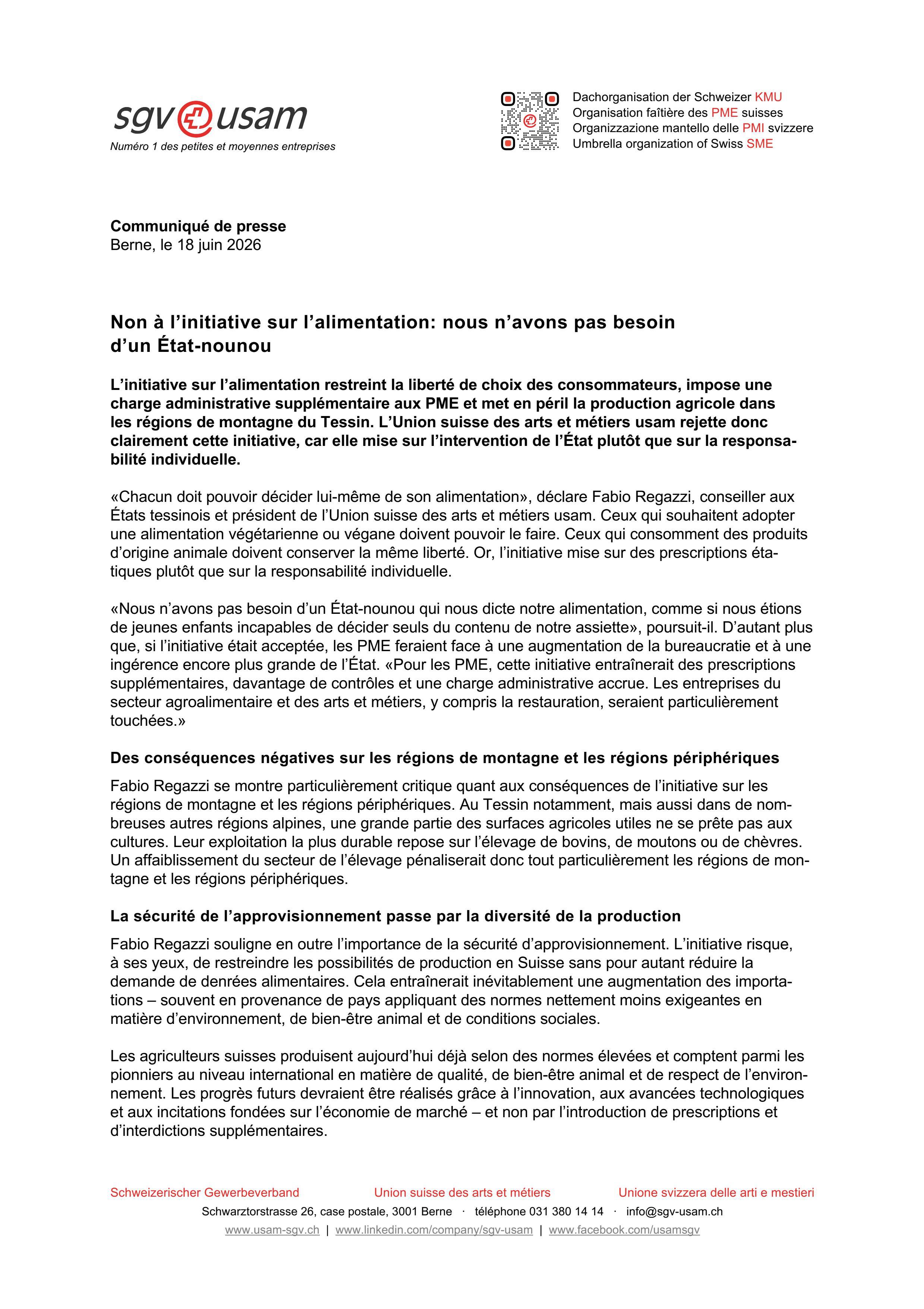 Non à l’initiative sur l’alimentation: nous n’avons pas besoin d’un État-nounou