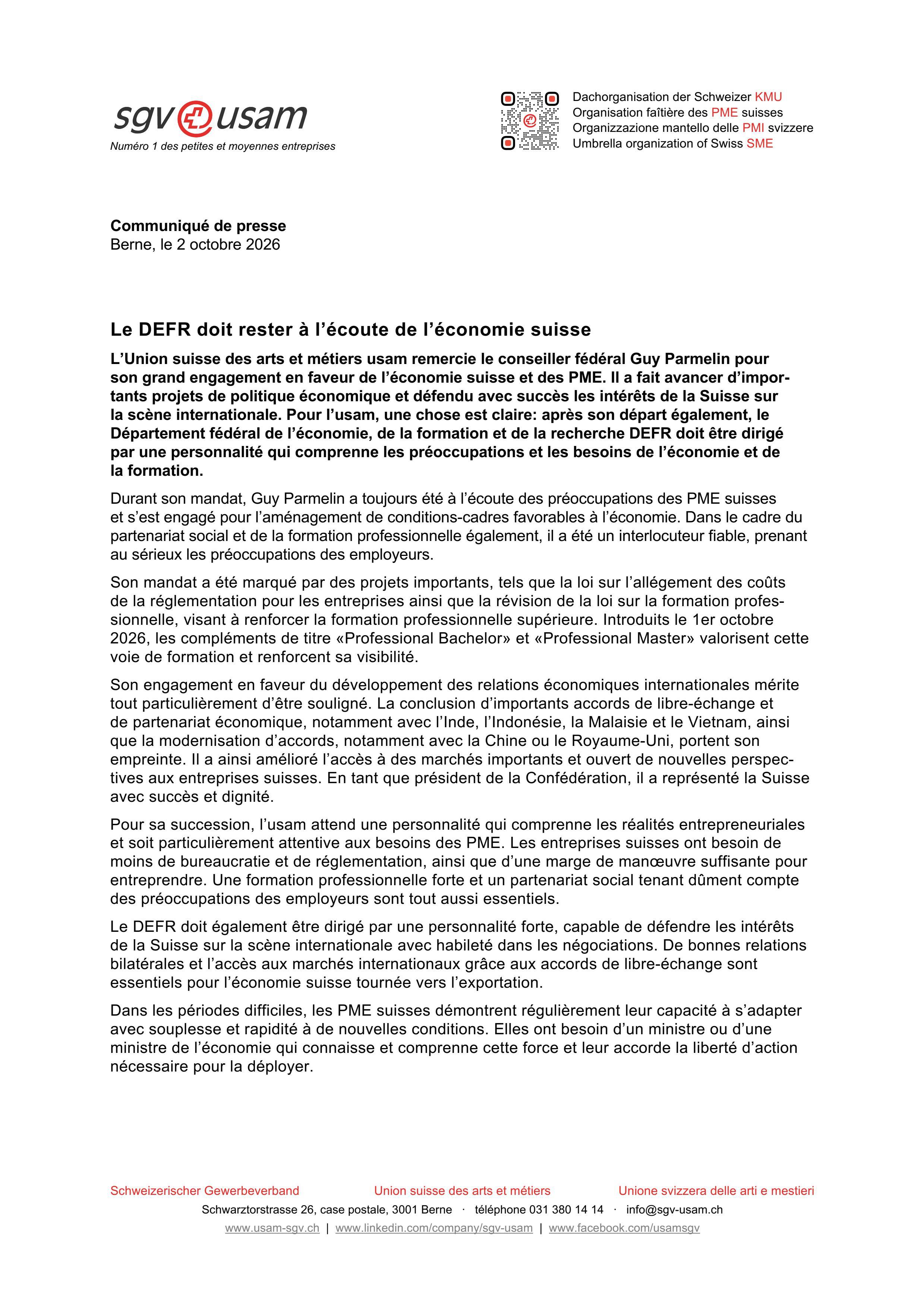 Le DEFR doit rester à l’écoute de l’économie suisse