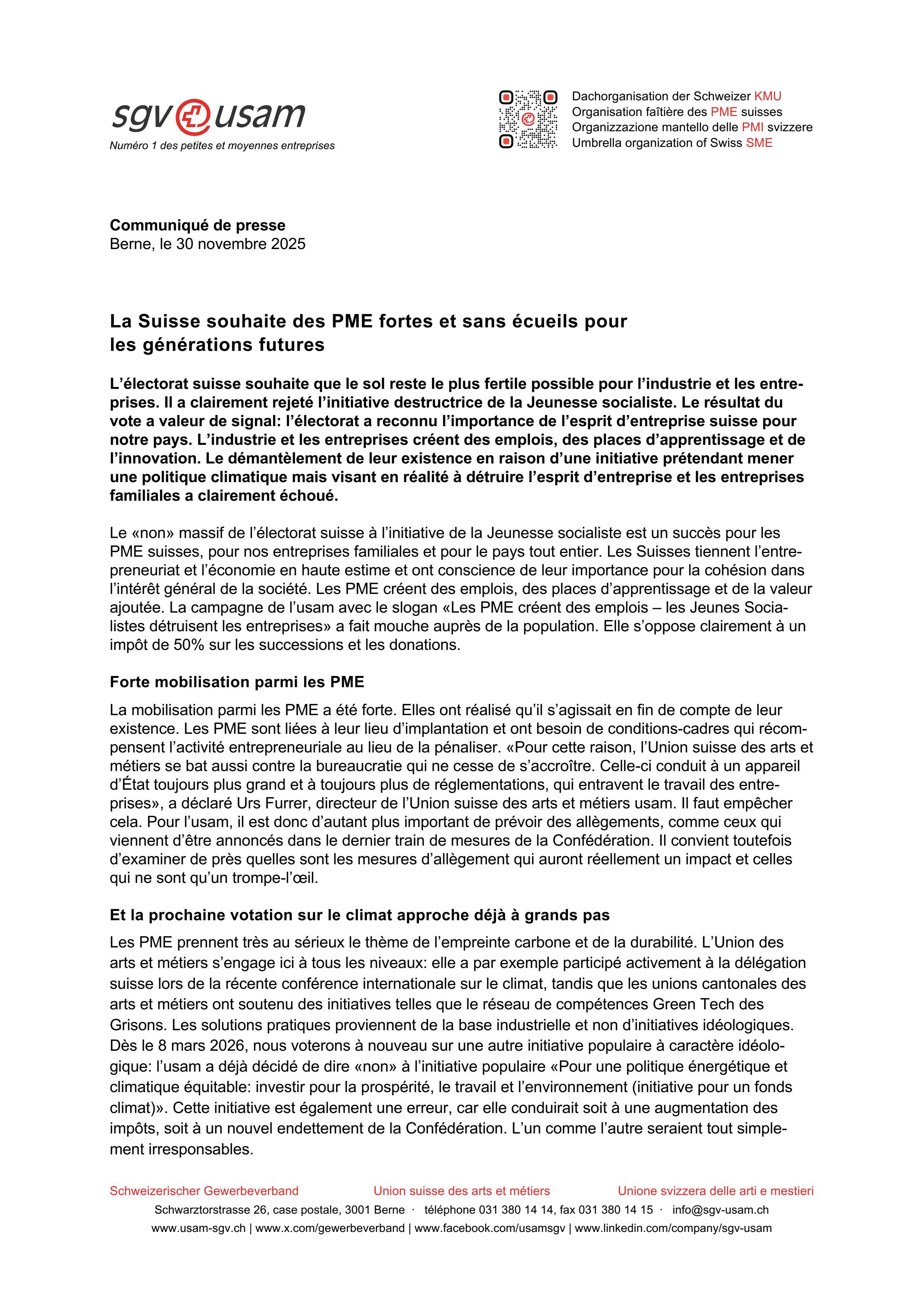 La Suisse souhaite des PME fortes et sans écueils pour les générations futures