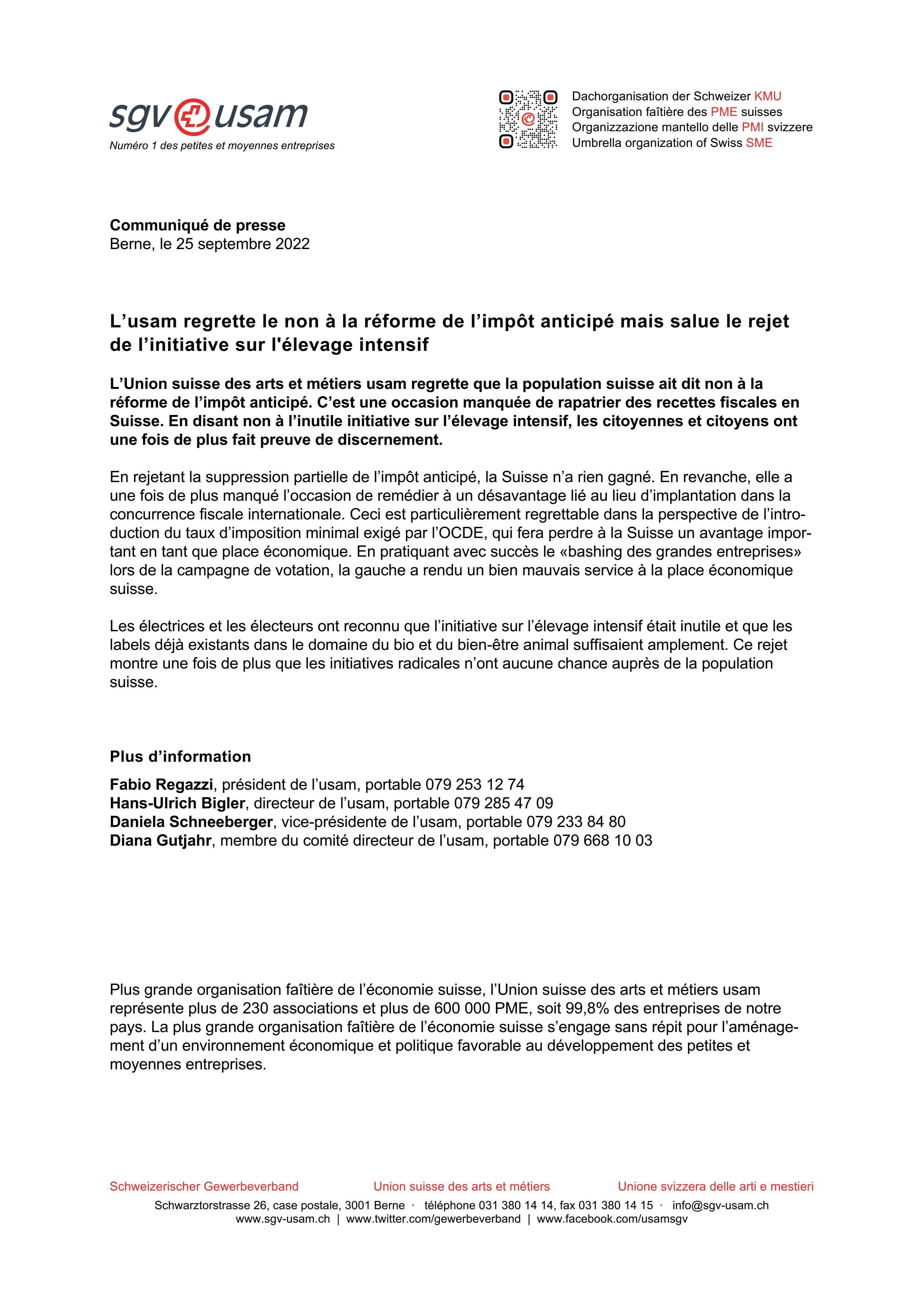 L’usam regrette le non à la réforme de l’impôt anticipé mais salue le rejet de l’initiative sur l'élevage intensif