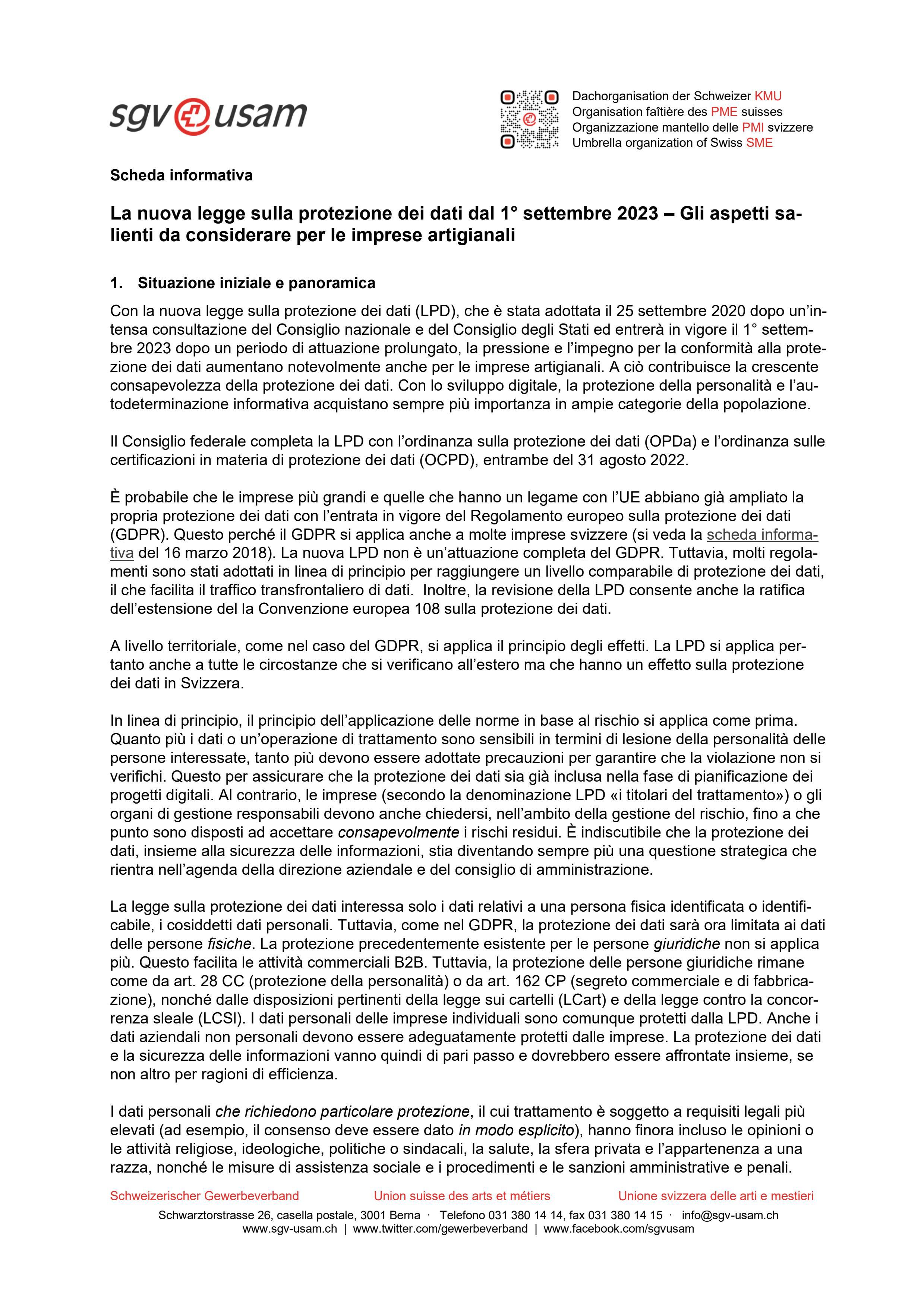  Scheda informativa «La nuova legge sulla protezione dei dati dal 1° settembre 2023 – Gli aspetti salienti da considerare per le imprese artigianali»