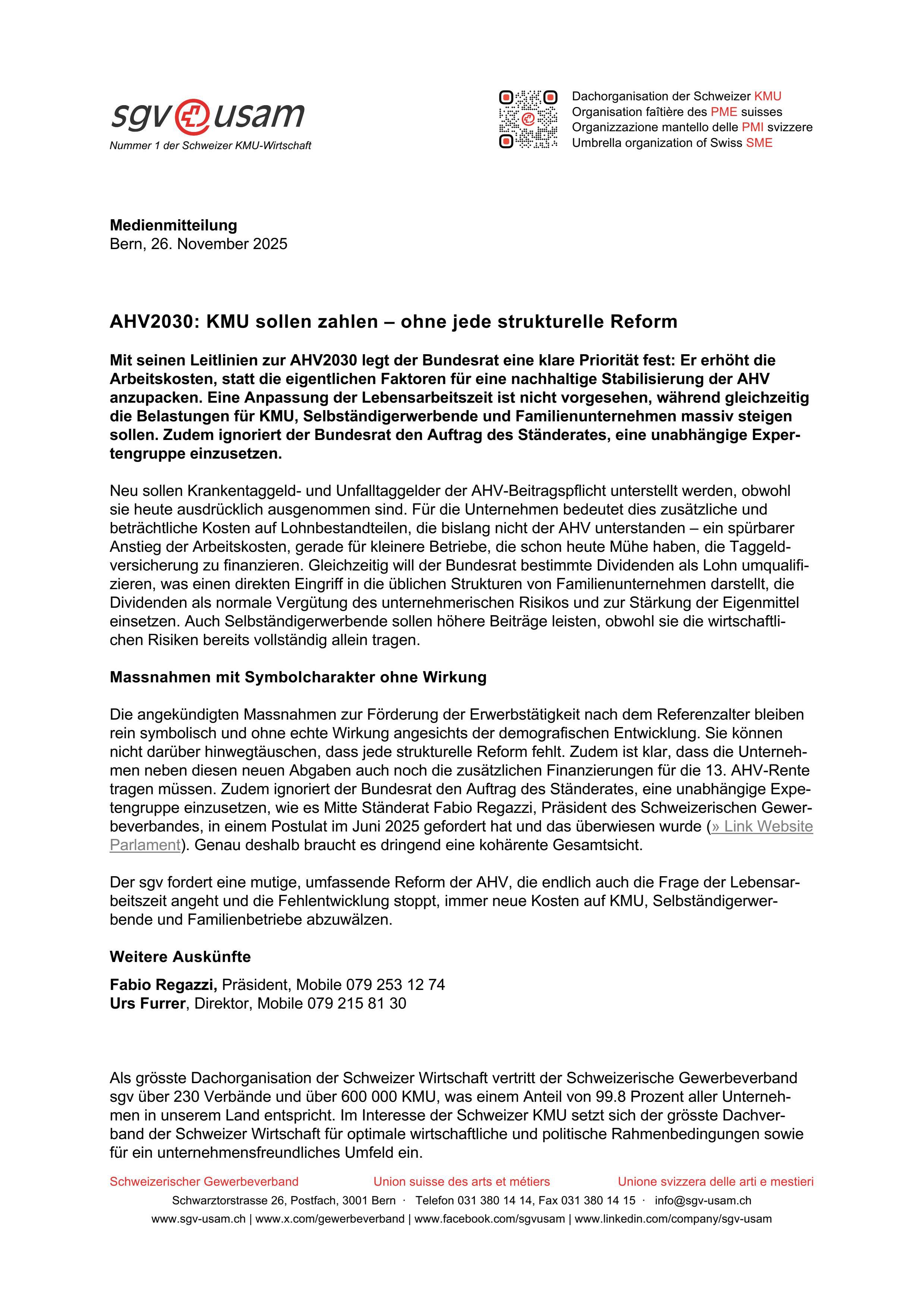 AHV2030: KMU sollen zahlen – ohne jede strukturelle Reform