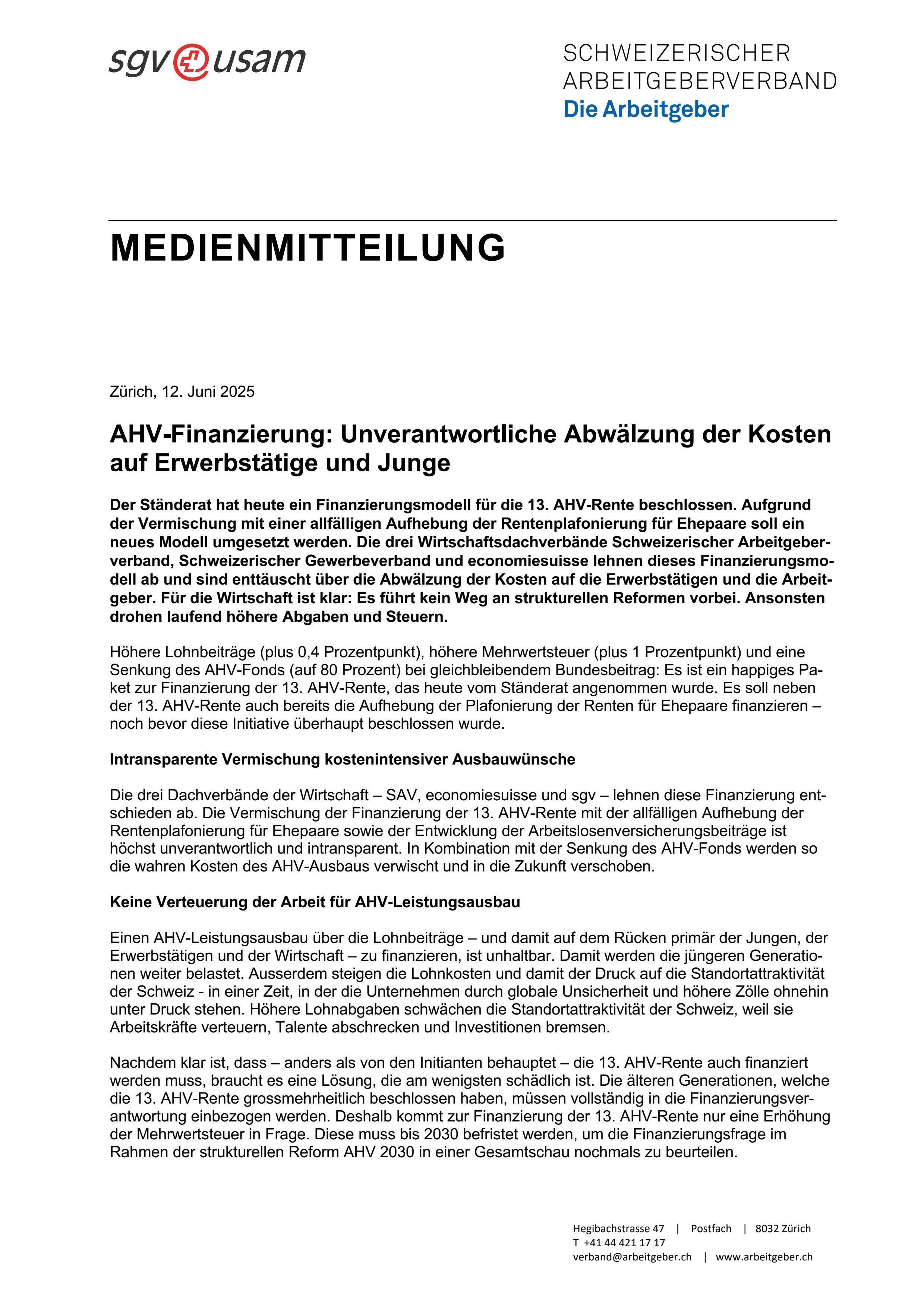 AHV-Finanzierung: Unverantwortliche Abwälzung der Kosten auf Erwerbstätige und Junge