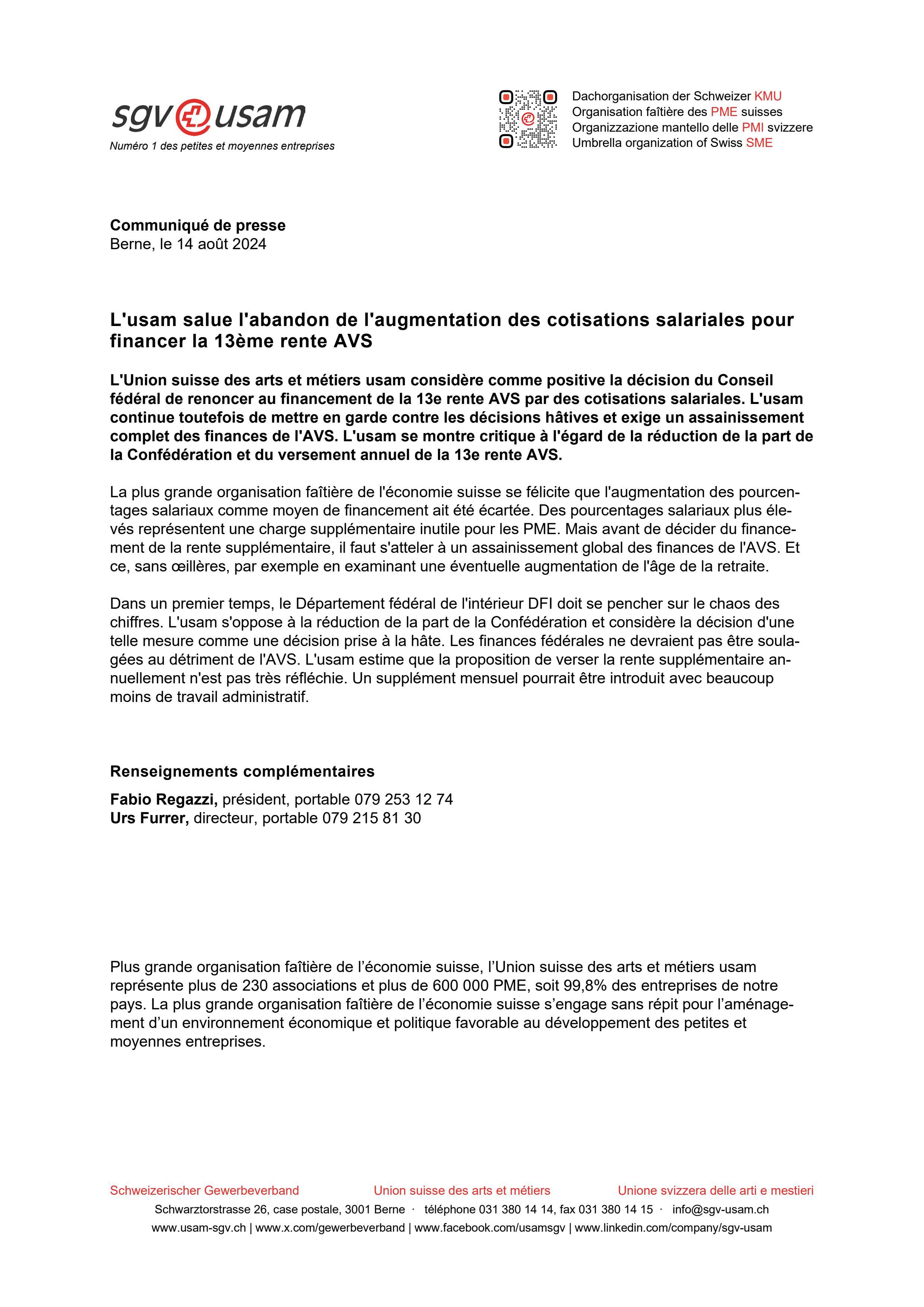 L'usam salue l'abandon de l'augmentation des cotisations salariales pour financer la 13ème rente AVS