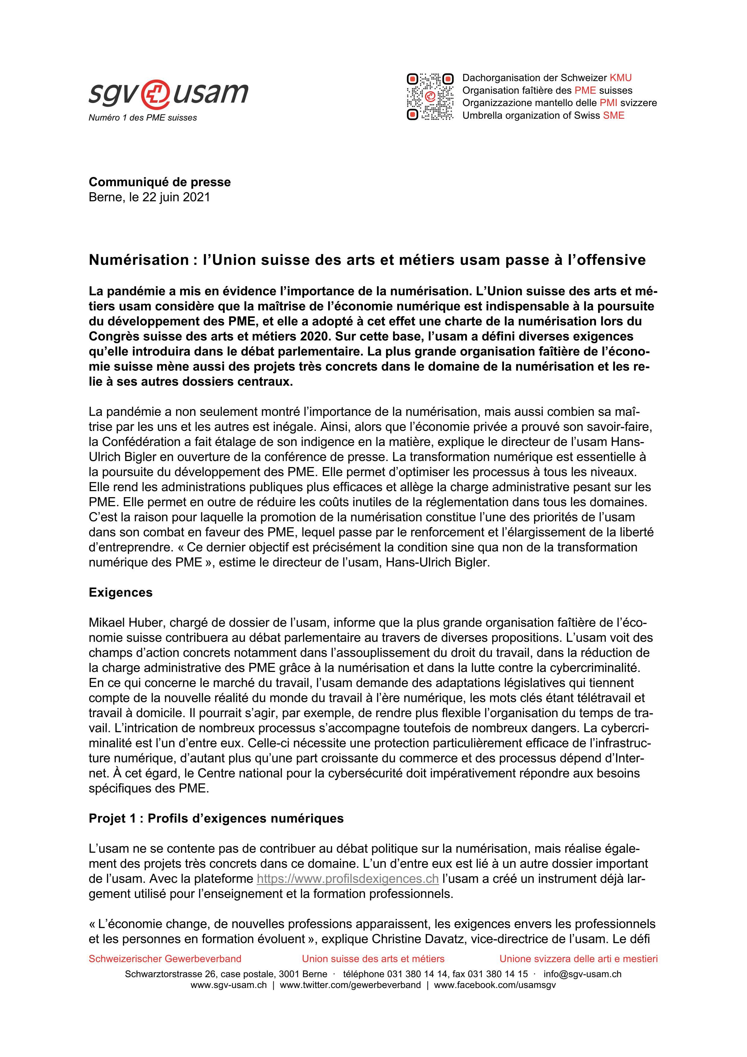 Numérisation: l’Union suisse des arts et métiers usam passe à l’offensive