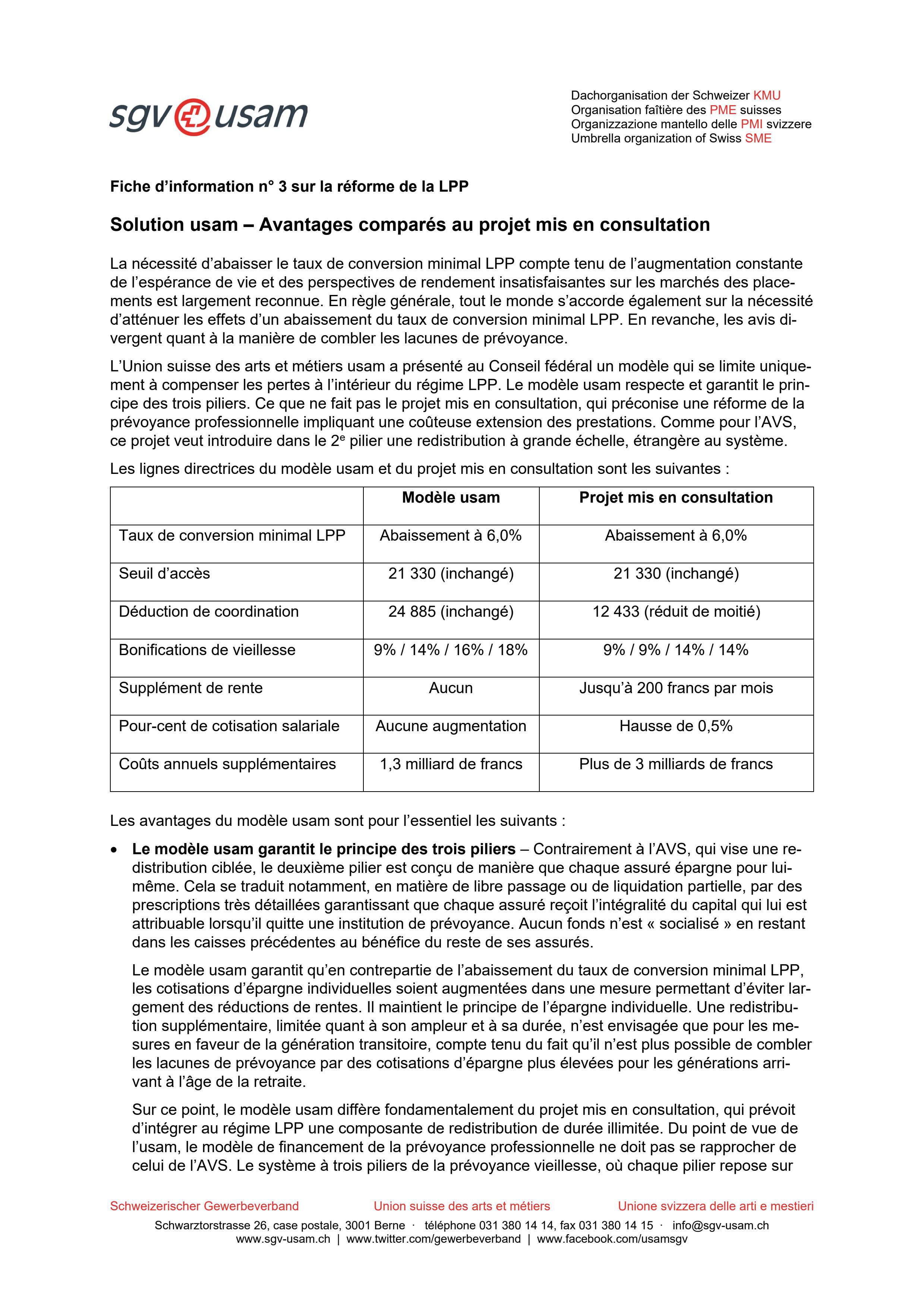  Fiche d’information n°3 sur la réforme de la LPP: Solution usam – Avantages comparés au projet mis en consultation 9 janvier 2020