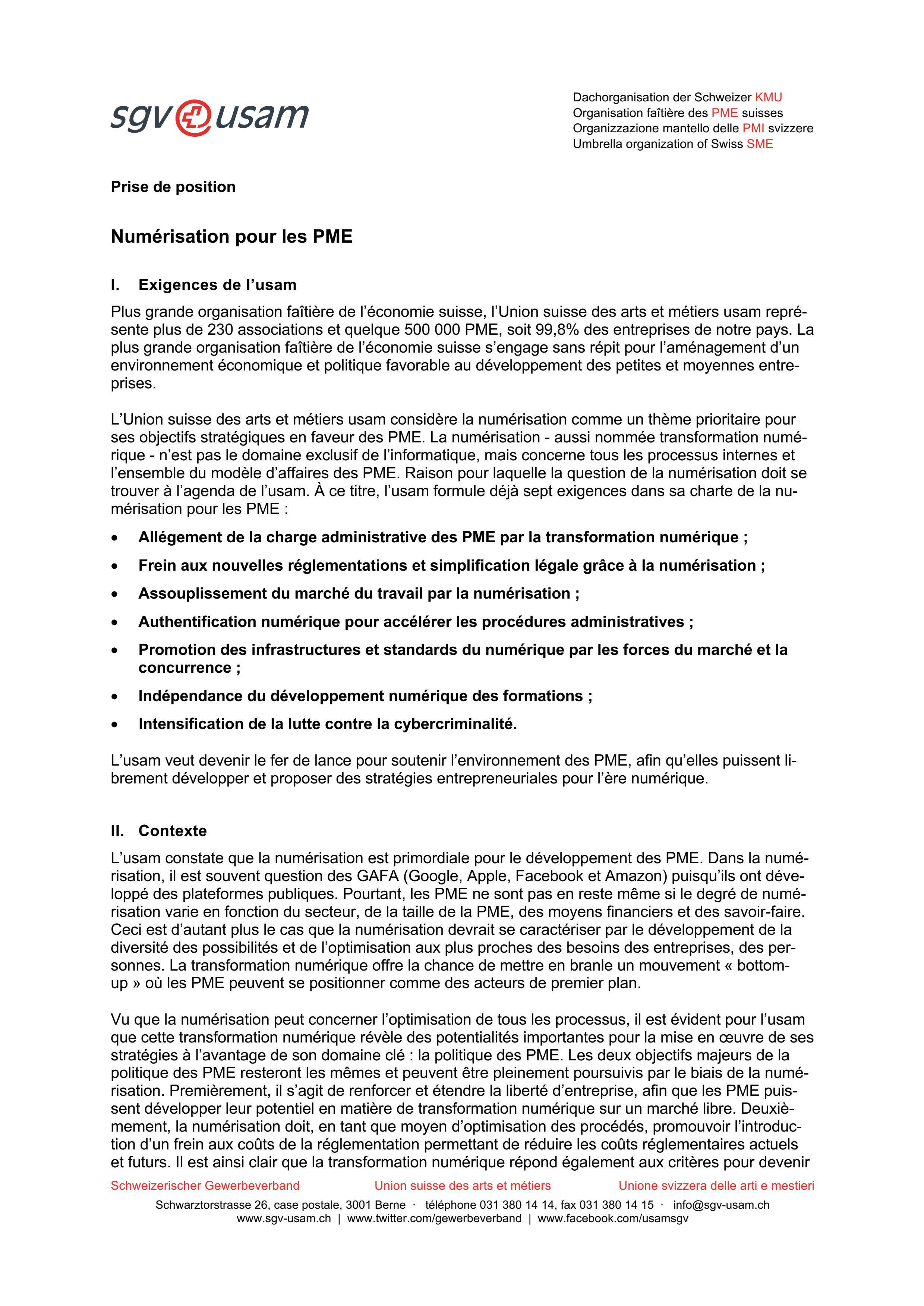  Prise de position «Numérisation pour les PME» 14 janvier 2021