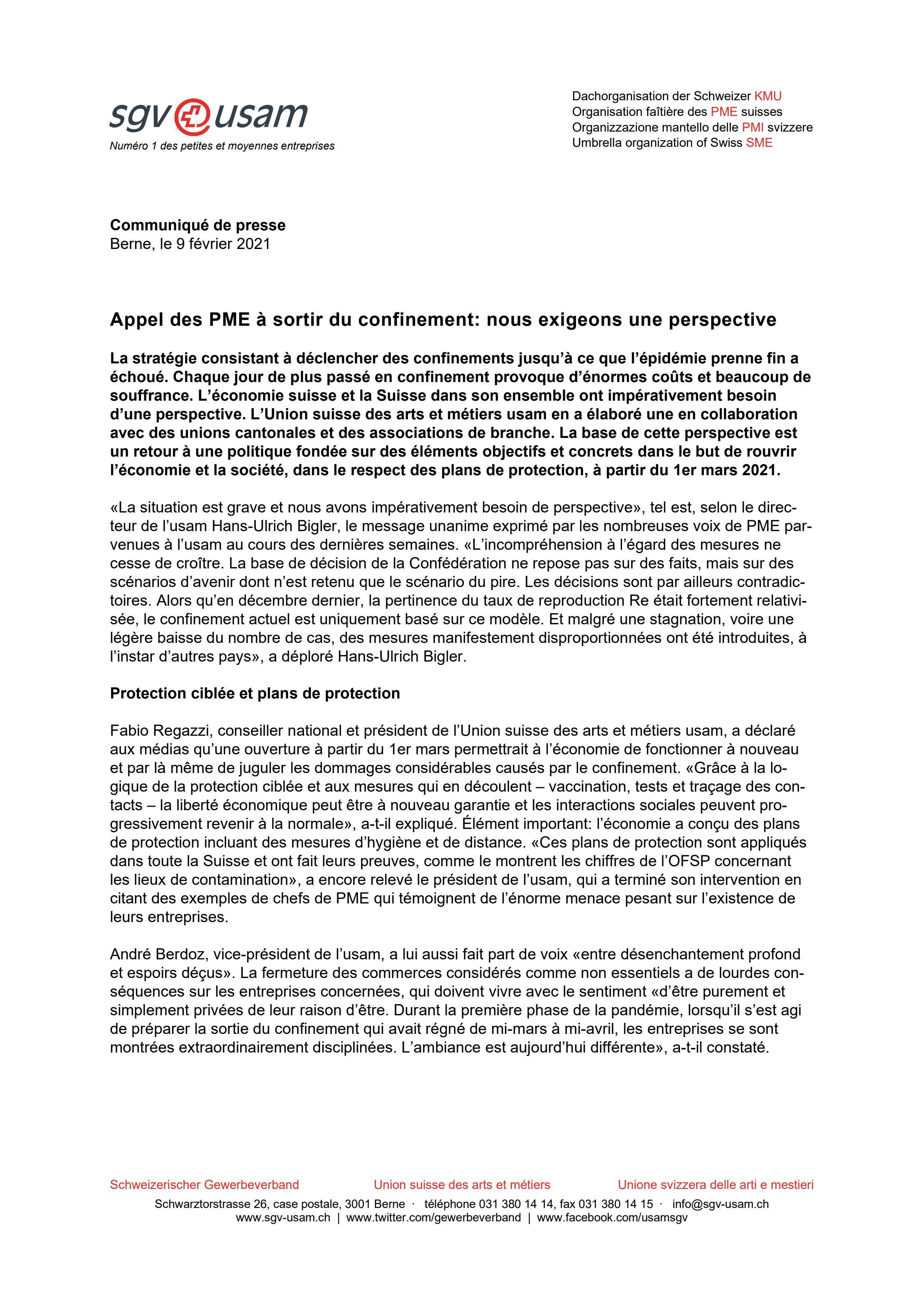 Appel des PME à sortir du confinement: nous exigeons une perspective