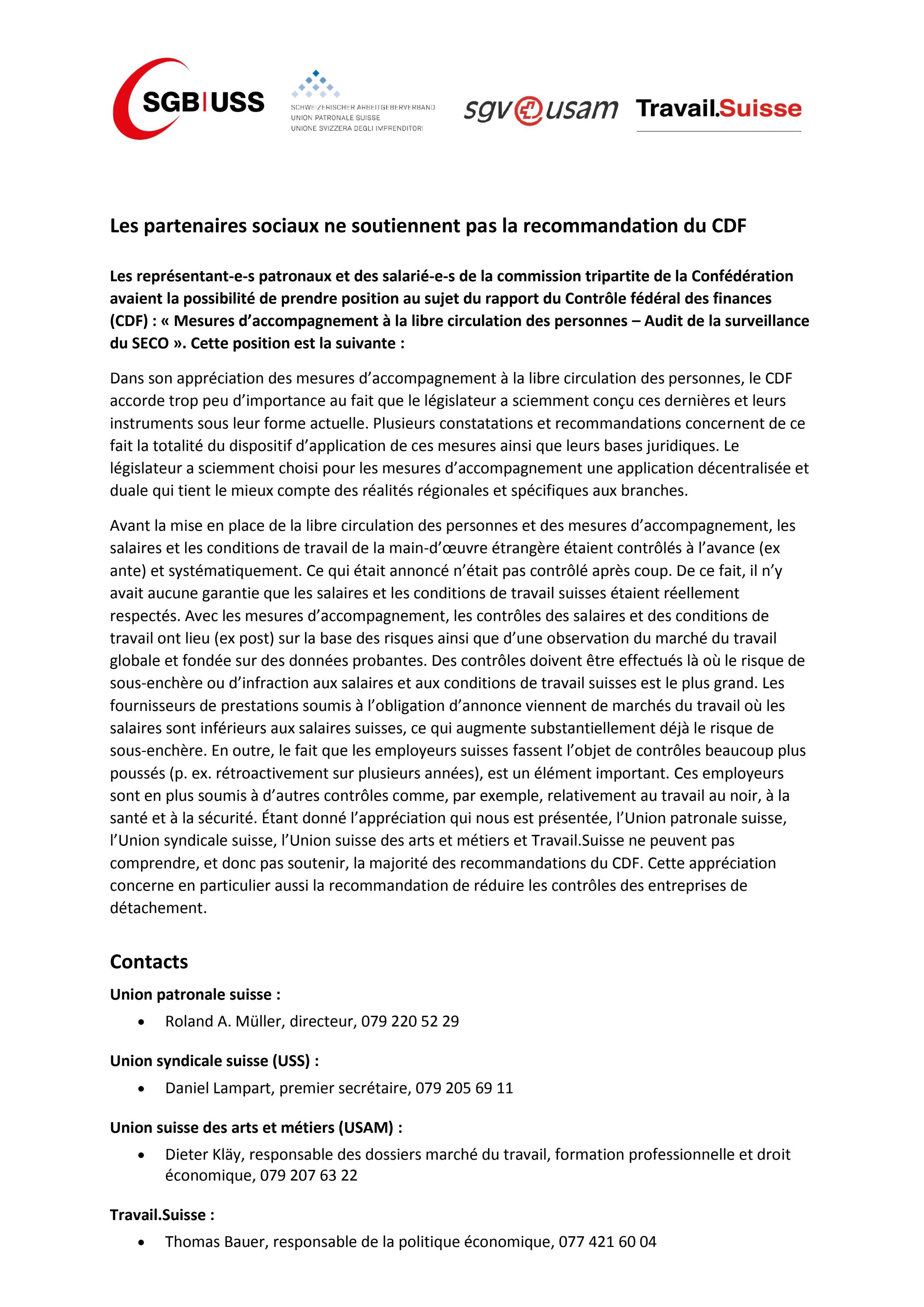 Les partenaires sociaux ne soutiennent pas la recommandation du CDF