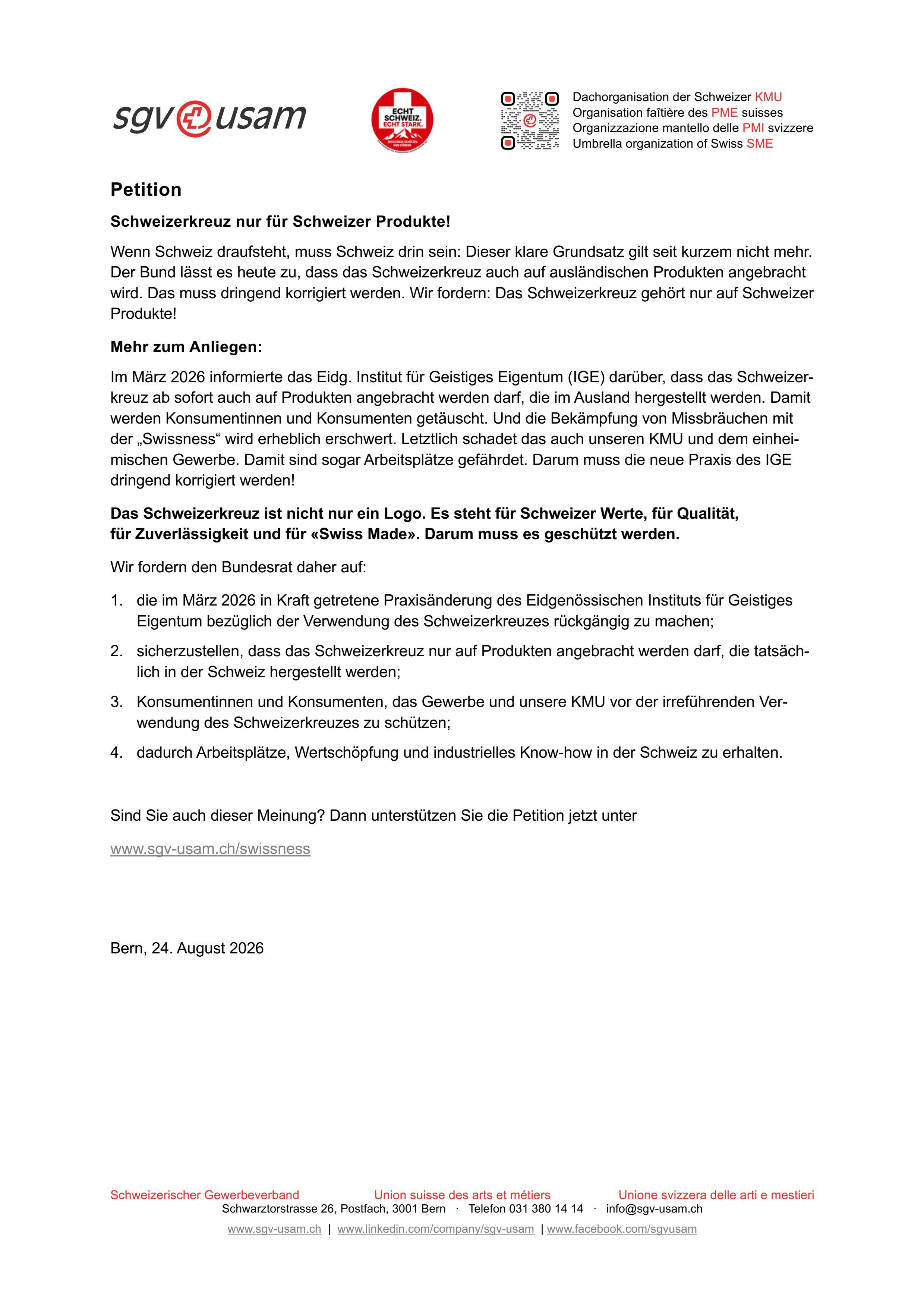  Petition «Schweizerkreuz nur für Schweizer Produkte!» (PDF)