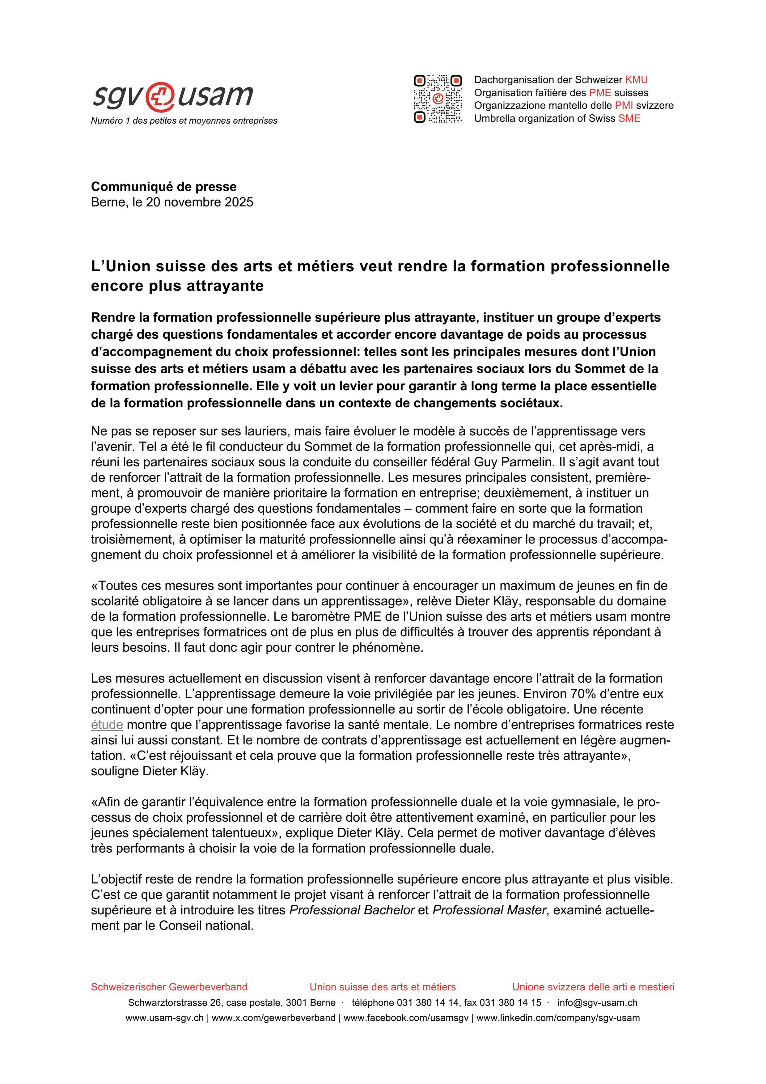 L’Union suisse des arts et métiers veut rendre la formation professionnelle encore plus attrayante