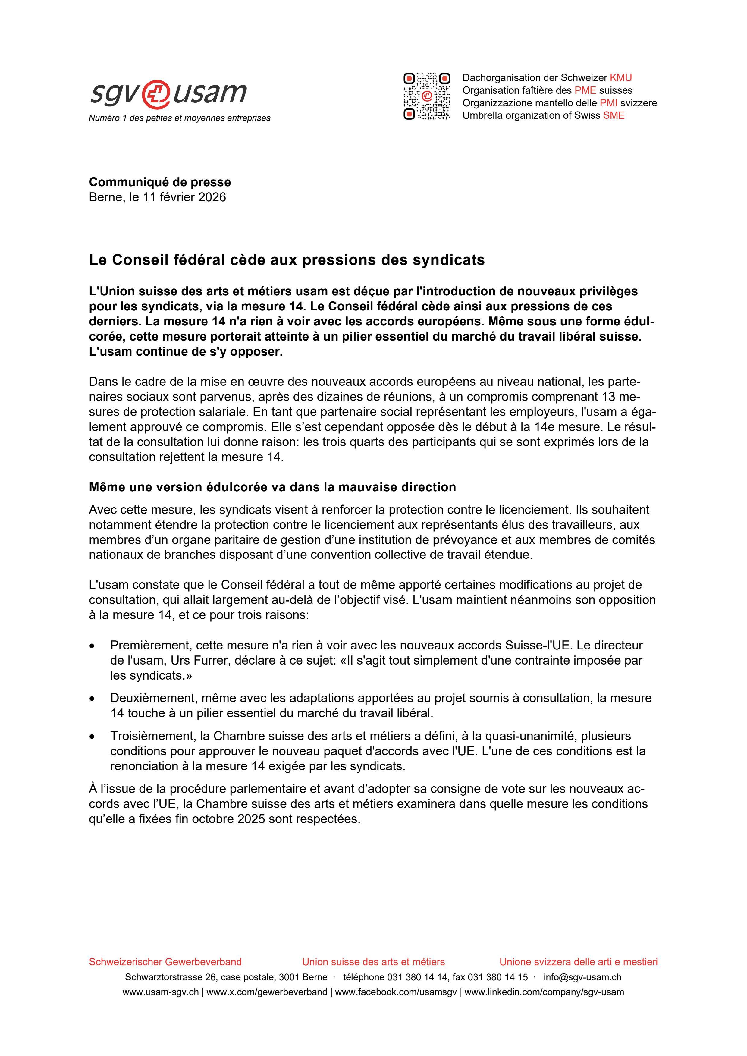 Le Conseil fédéral cède aux pressions des syndicats