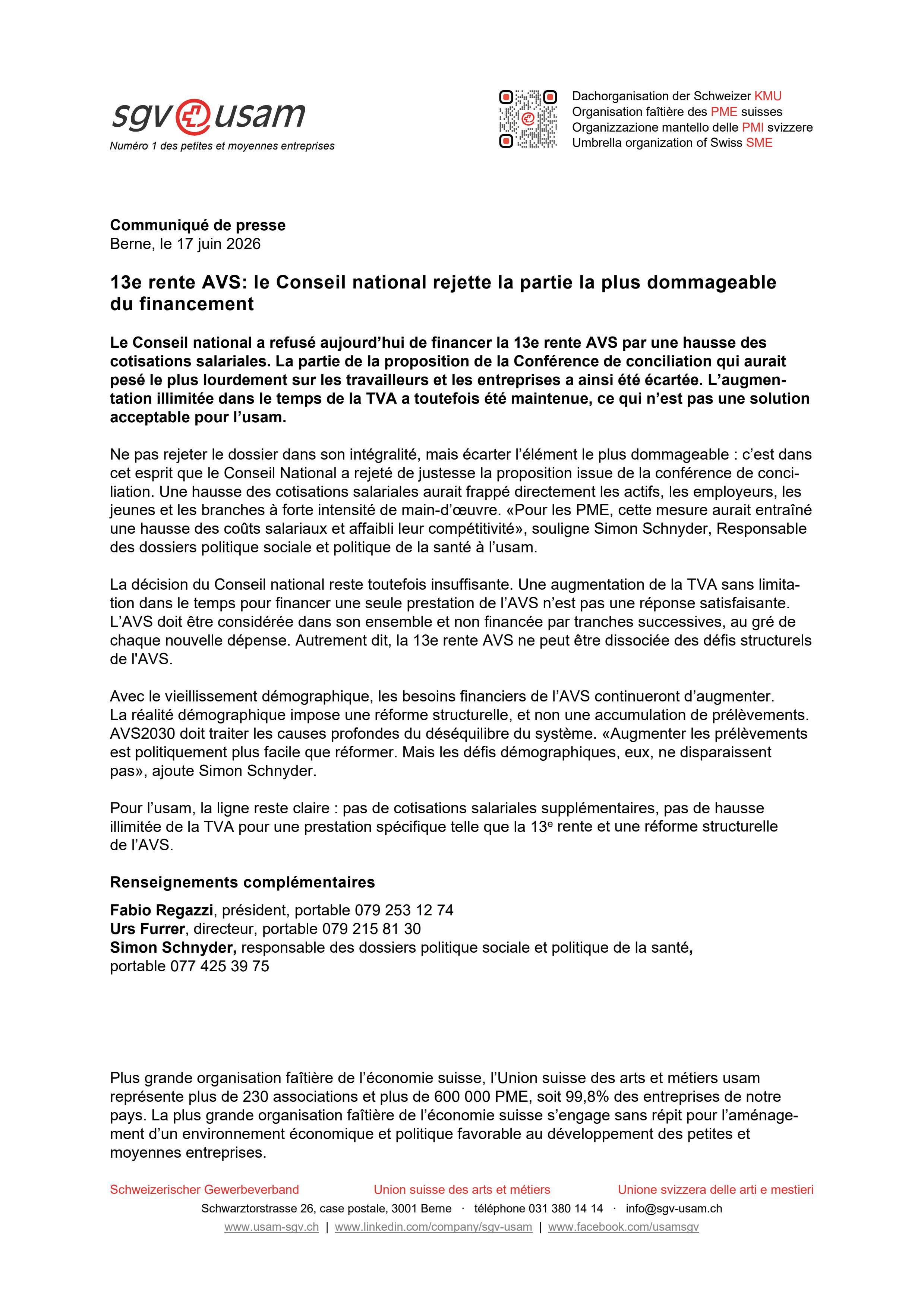 13e rente AVS: le Conseil national rejette la partie la plus dommageable du financement