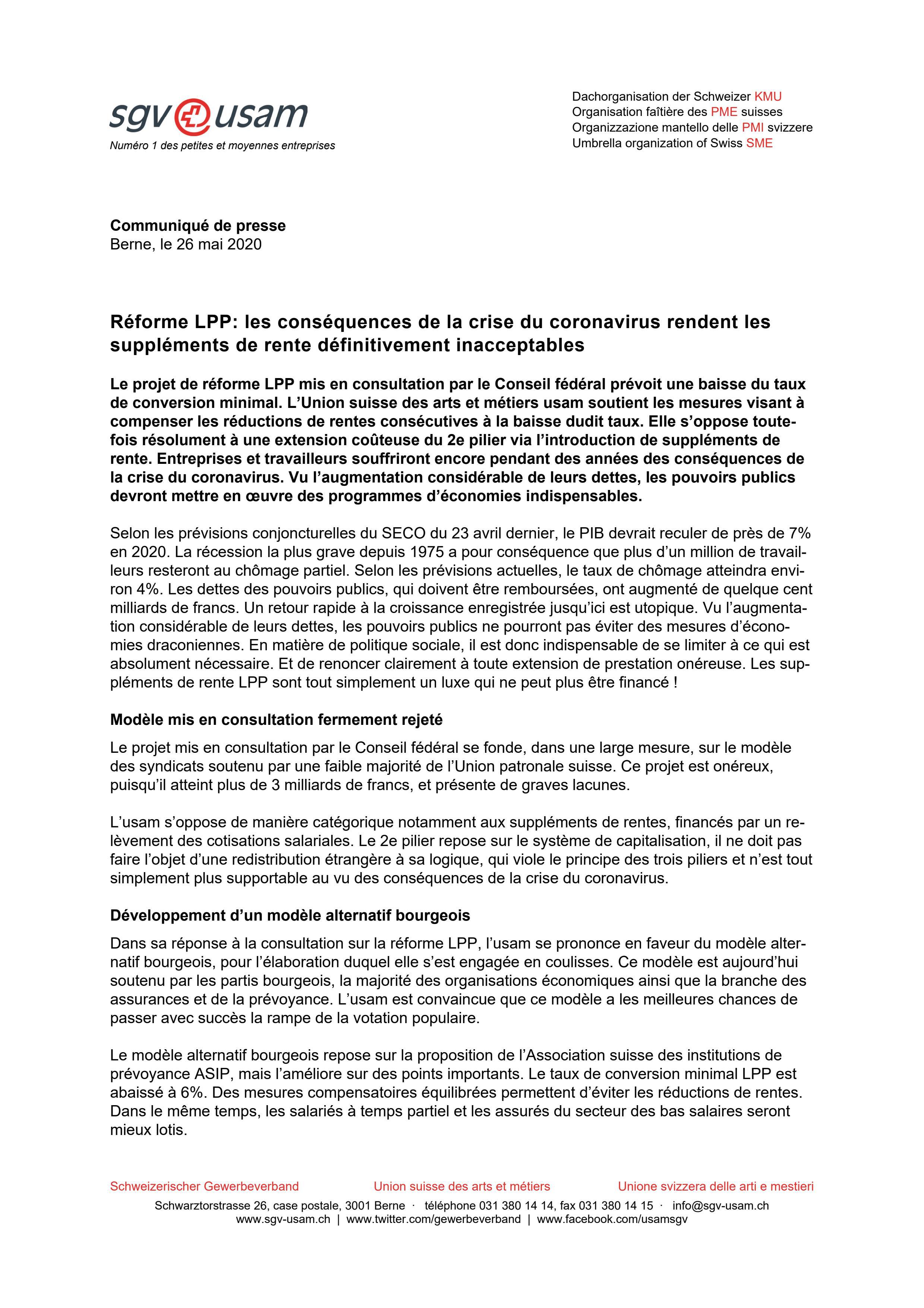 Réforme LPP: les conséquences de la crise du coronavirus rendent les suppléments de rente définitivement inacceptables