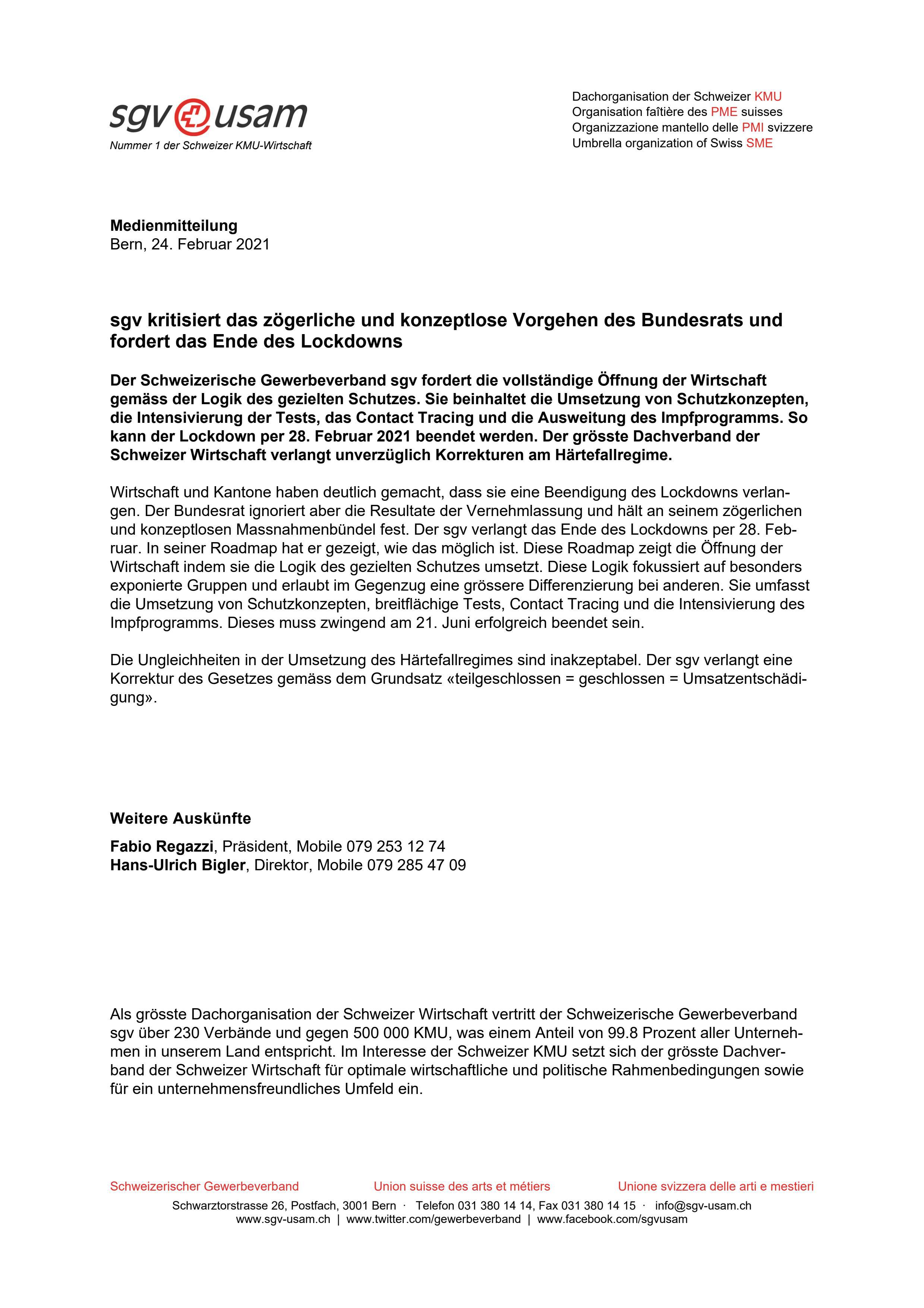 sgv kritisiert das zögerliche und konzeptlose Vorgehen des Bundesrats und fordert das Ende des Lockdowns