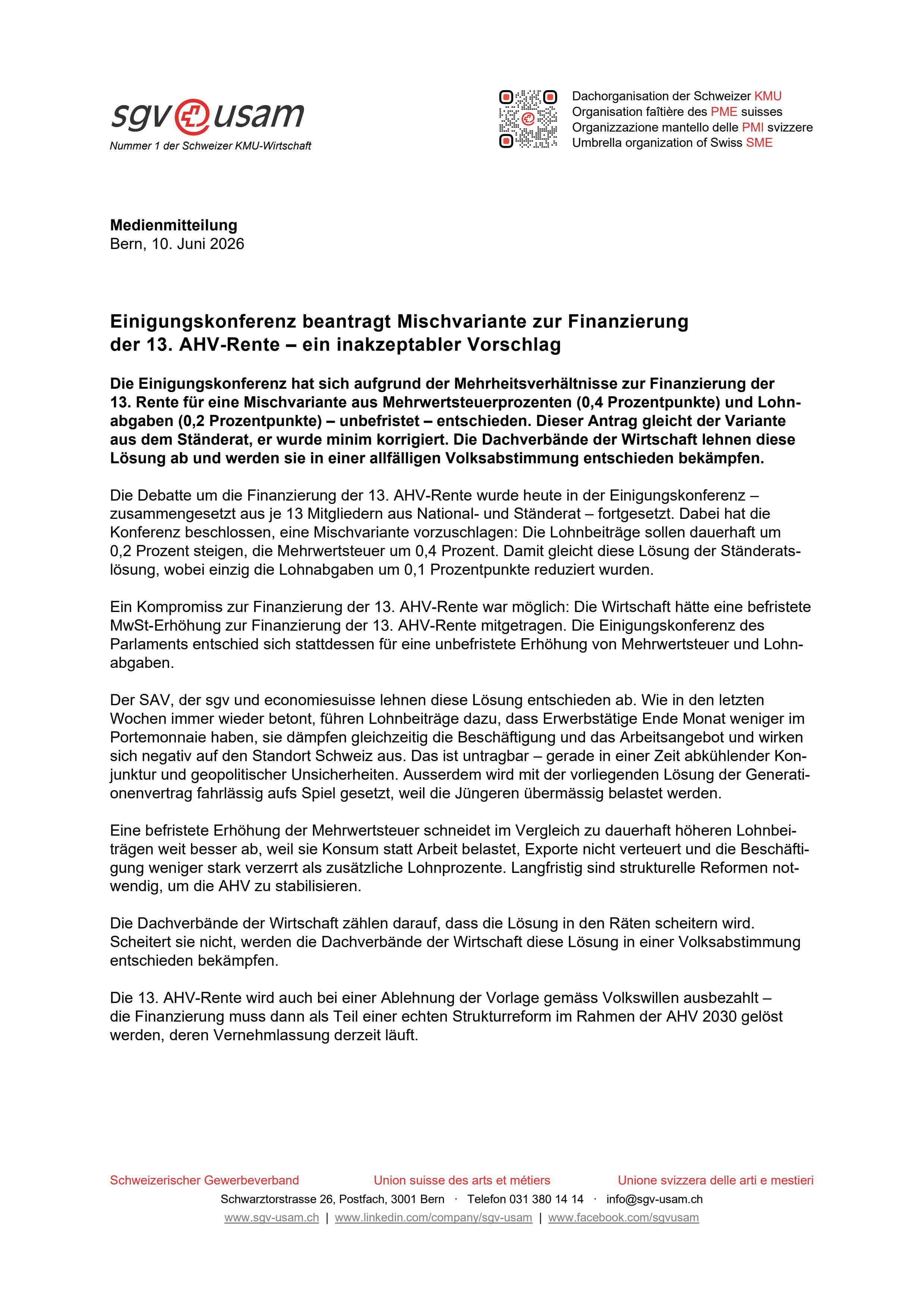 Einigungskonferenz beharrt auf höheren Lohnabgaben – ein inakzeptabler Vorschlag
