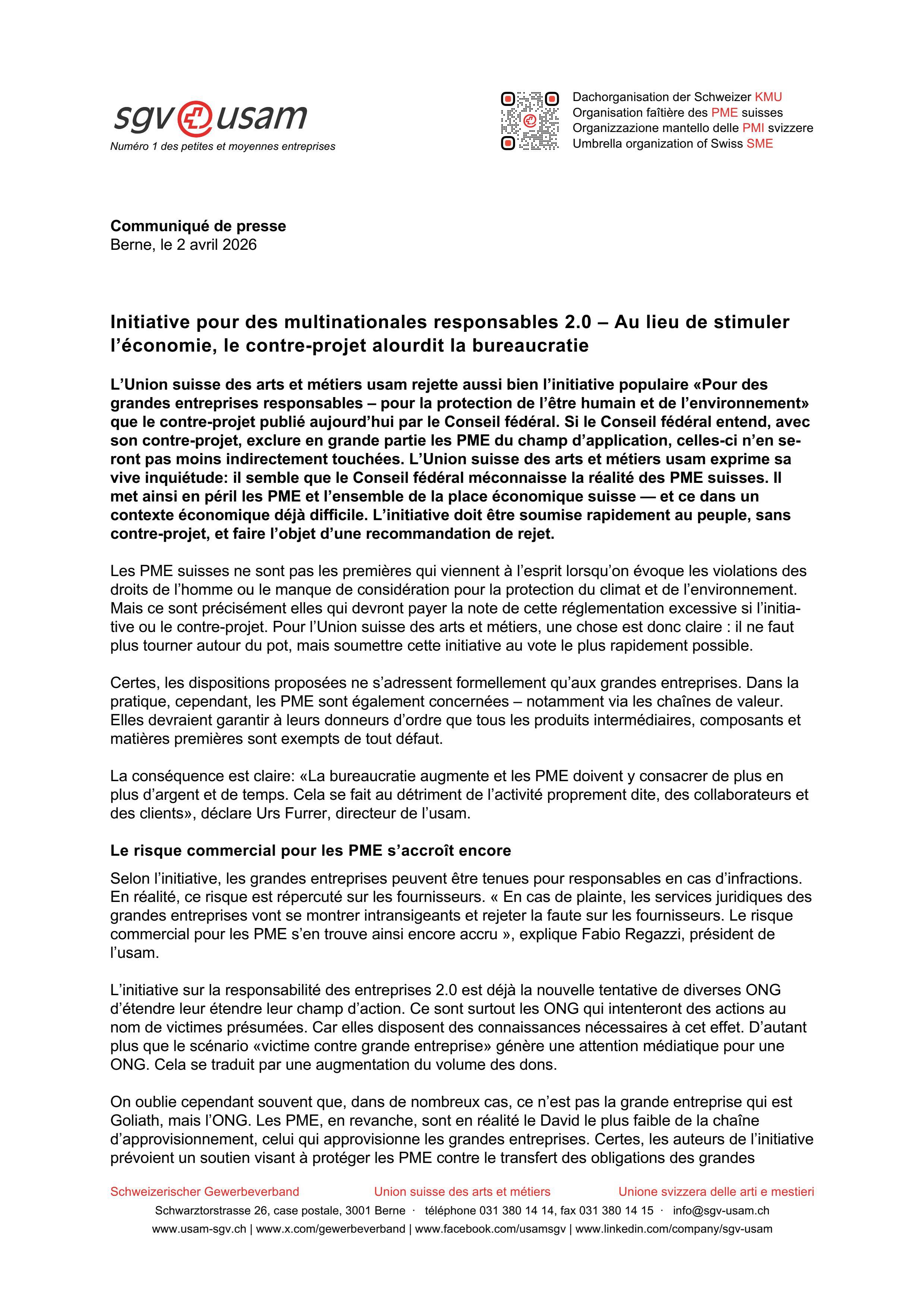 Initiative pour des multinationales responsables 2.0 – Au lieu de stimuler l’économie, le contre-projet alourdit la bureaucratie